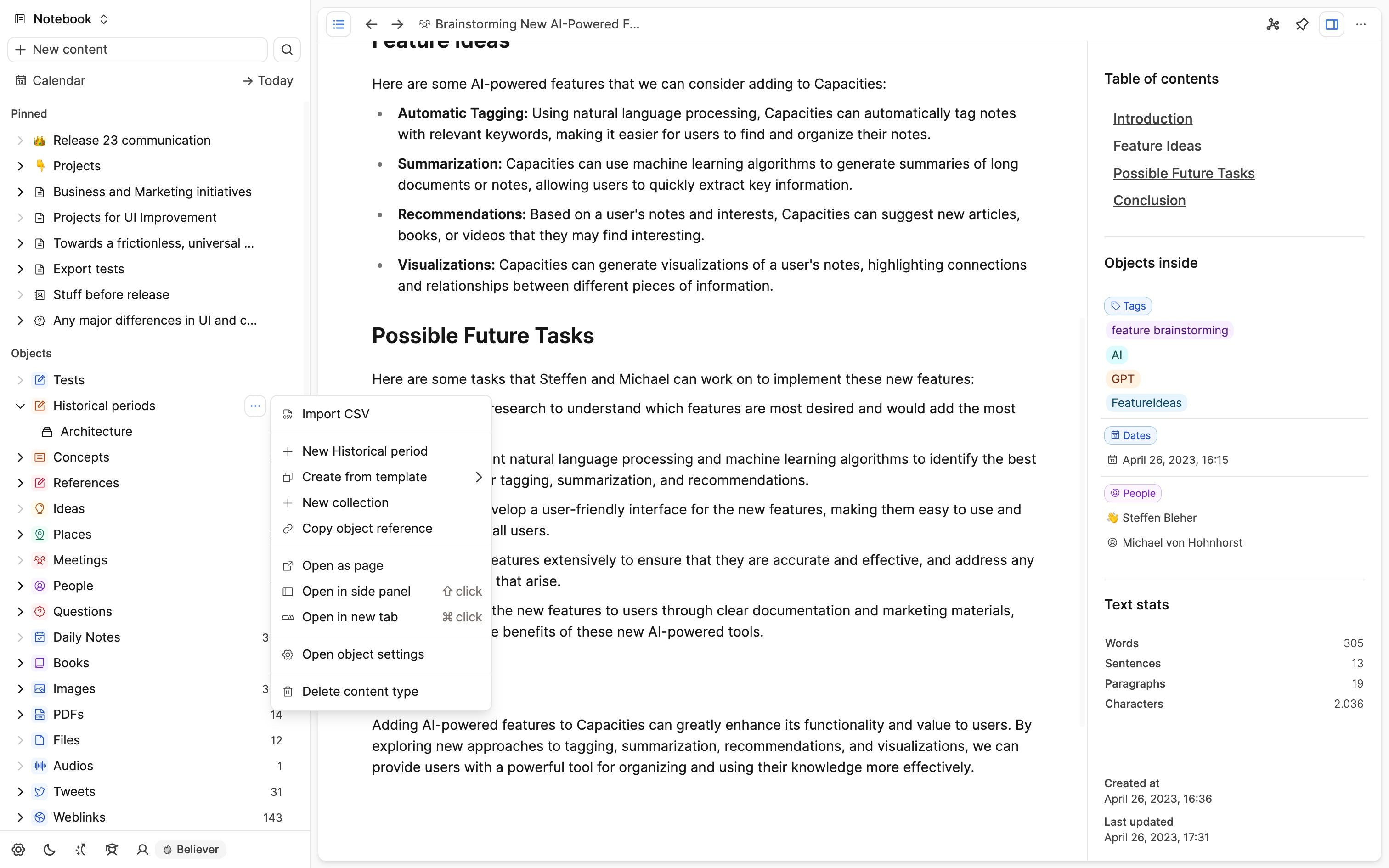 Screenshot of three dots menu of main content