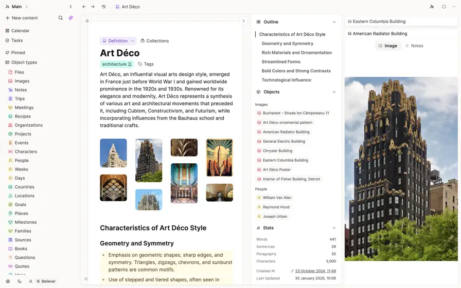 App overview showing object types in sidebar and workspace