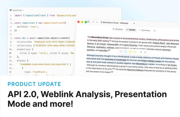 Capacities API 2.0, Weblink Analysis, and Presentation Mode