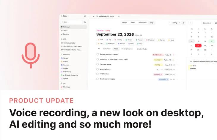 Audio recording and transcription, a calmer desktop, bulk property editing, and smarter AI chats