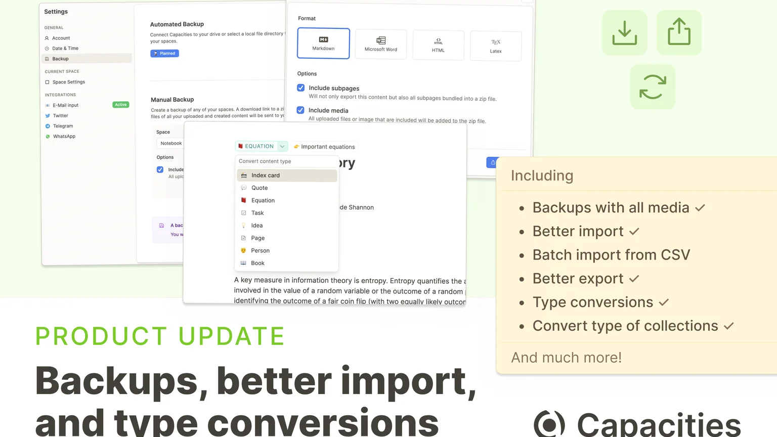 Backups, better import, and type conversions