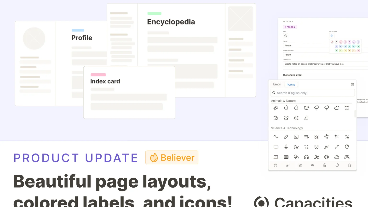 Beautiful page layouts, colored labels, and icons!