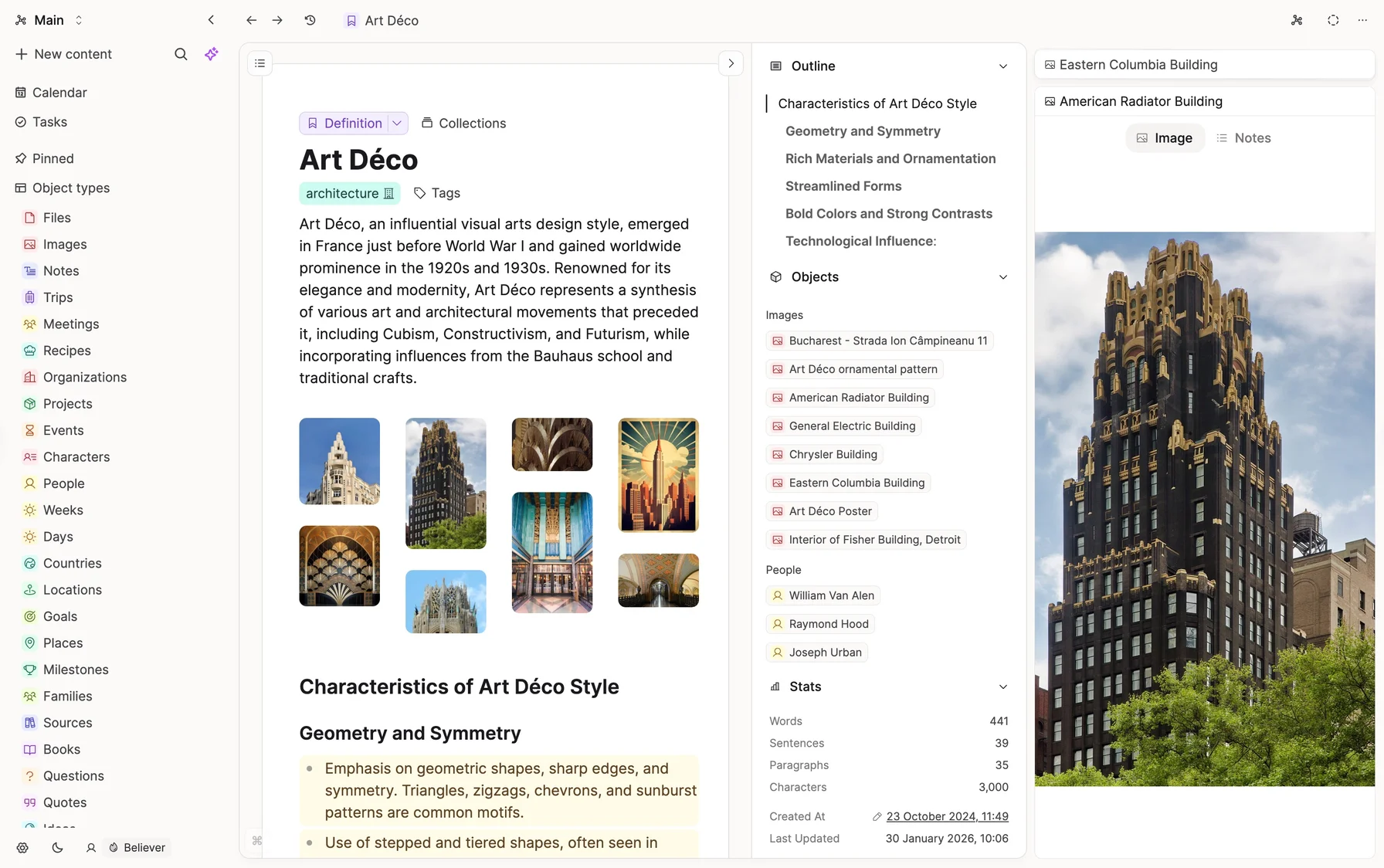 App overview showing object types in sidebar and workspace