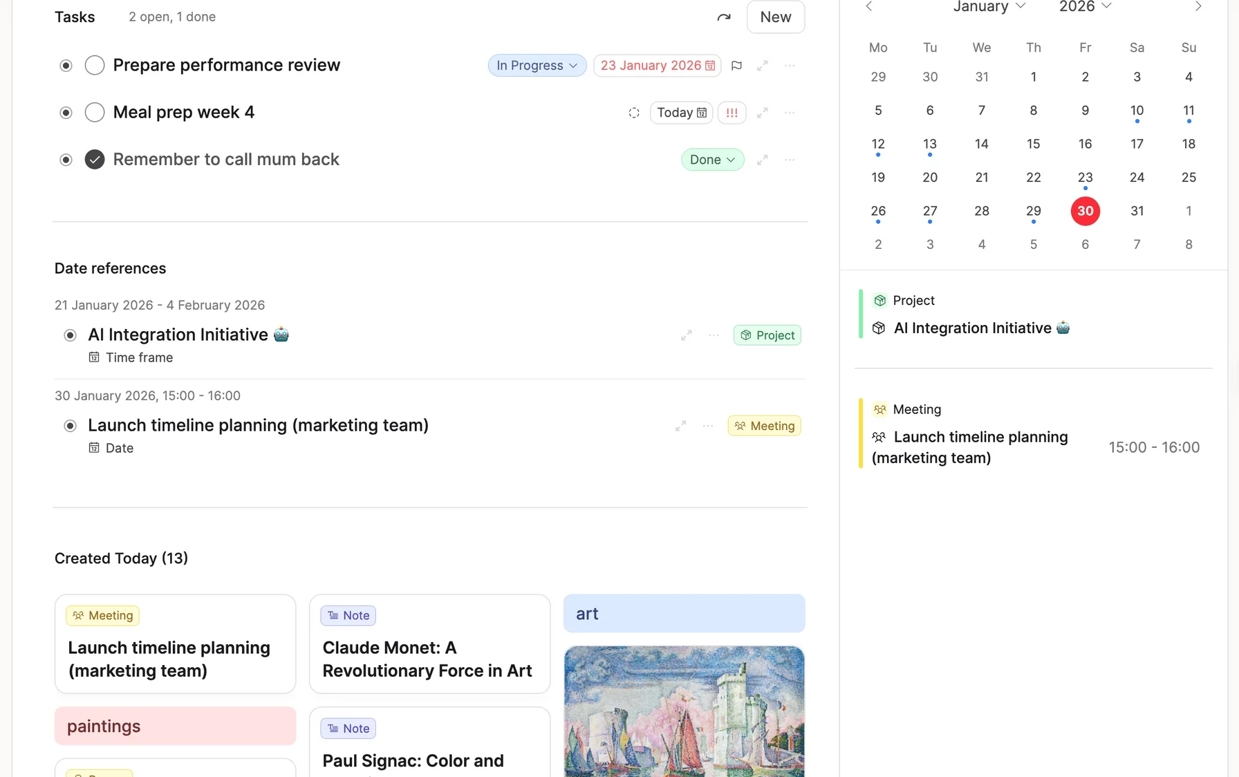 Calendar view with meeting notes linked
