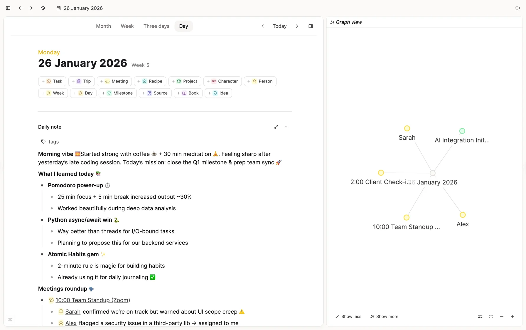 Daily note beside graph view, with people, meetings, and projects linked from the day’s capture