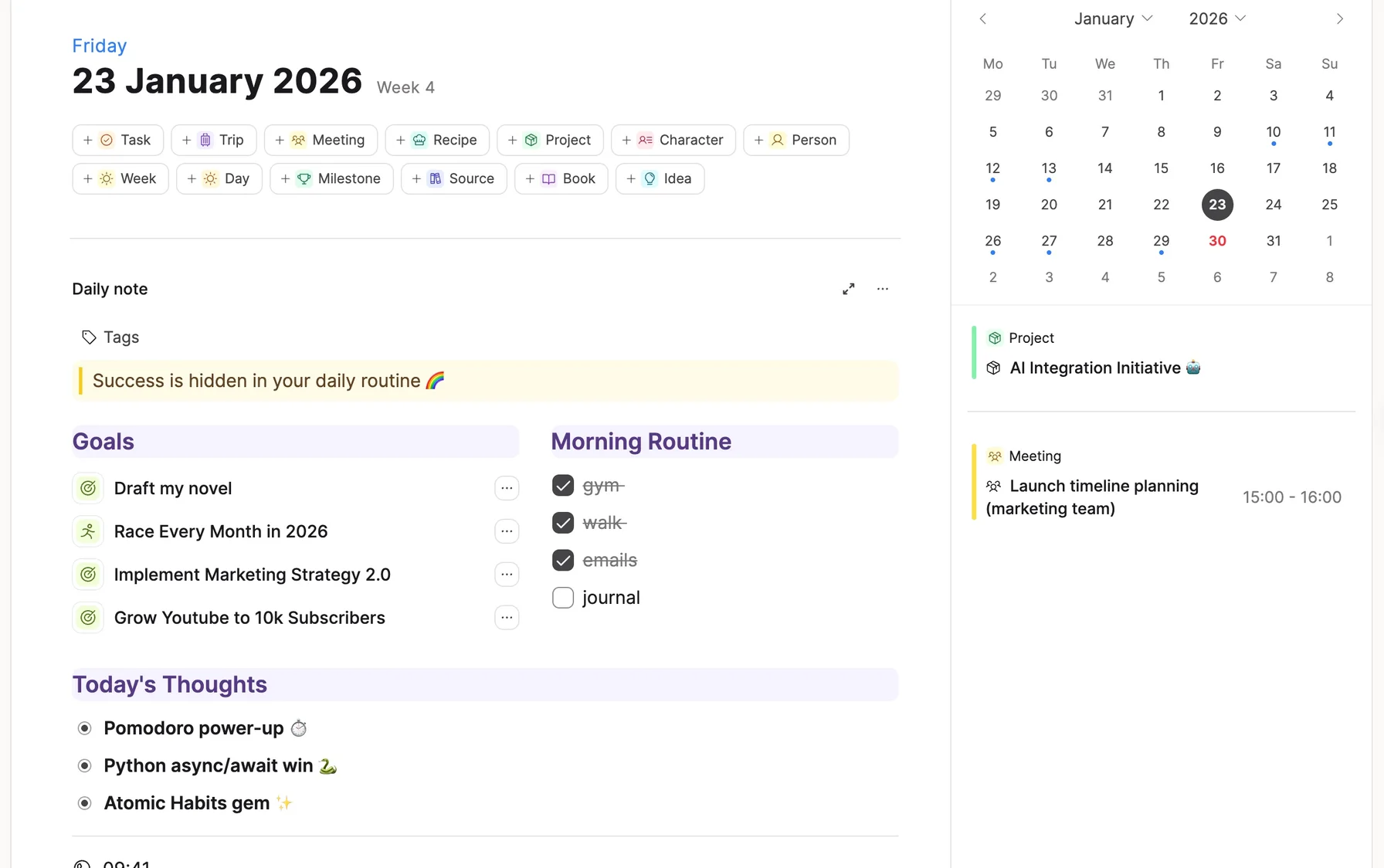 Daily note view with inbox for thoughts