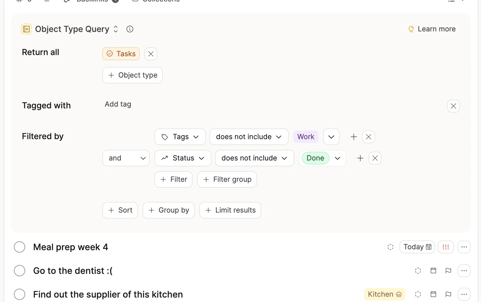 Query builder with filter conditions and results