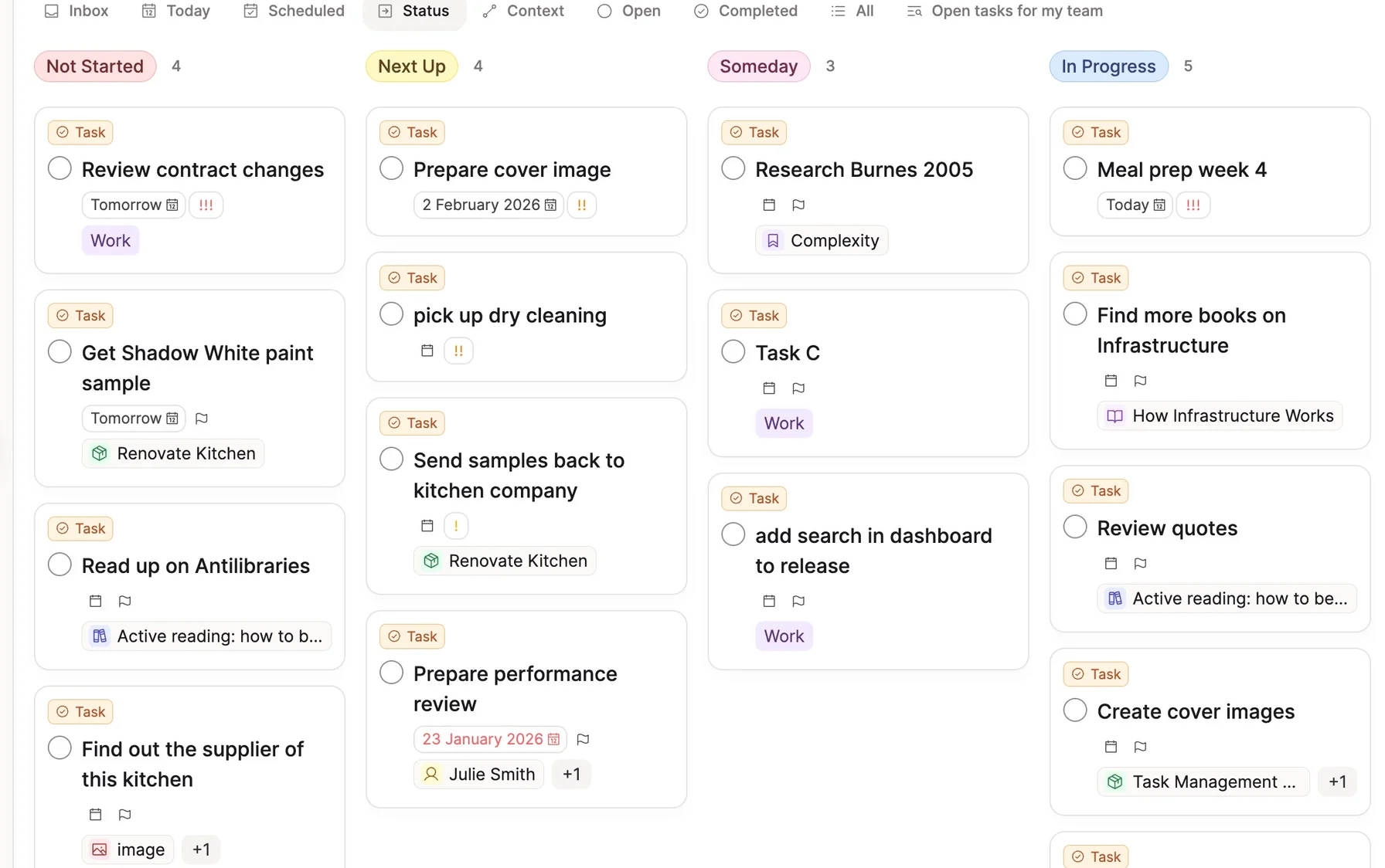 Task dashboard with Kanban view and linked project context