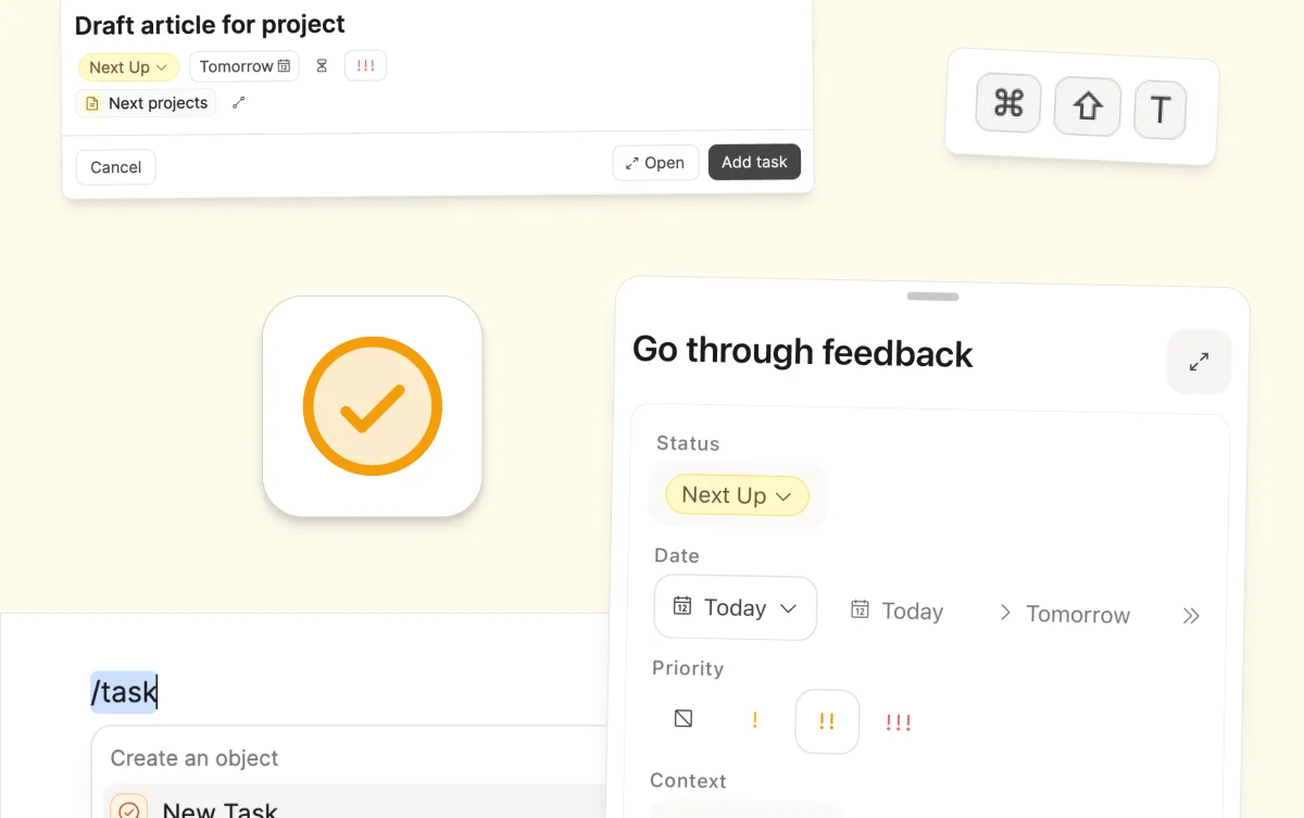Four ways to capture a task in Capacities: slash command, global shortcut, sidebar plus button, mobile long-press