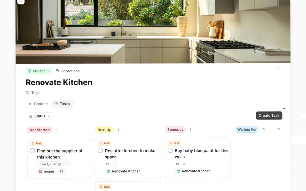 A project page with its Tasks tab open, showing a Status Kanban board with tasks linked to the project