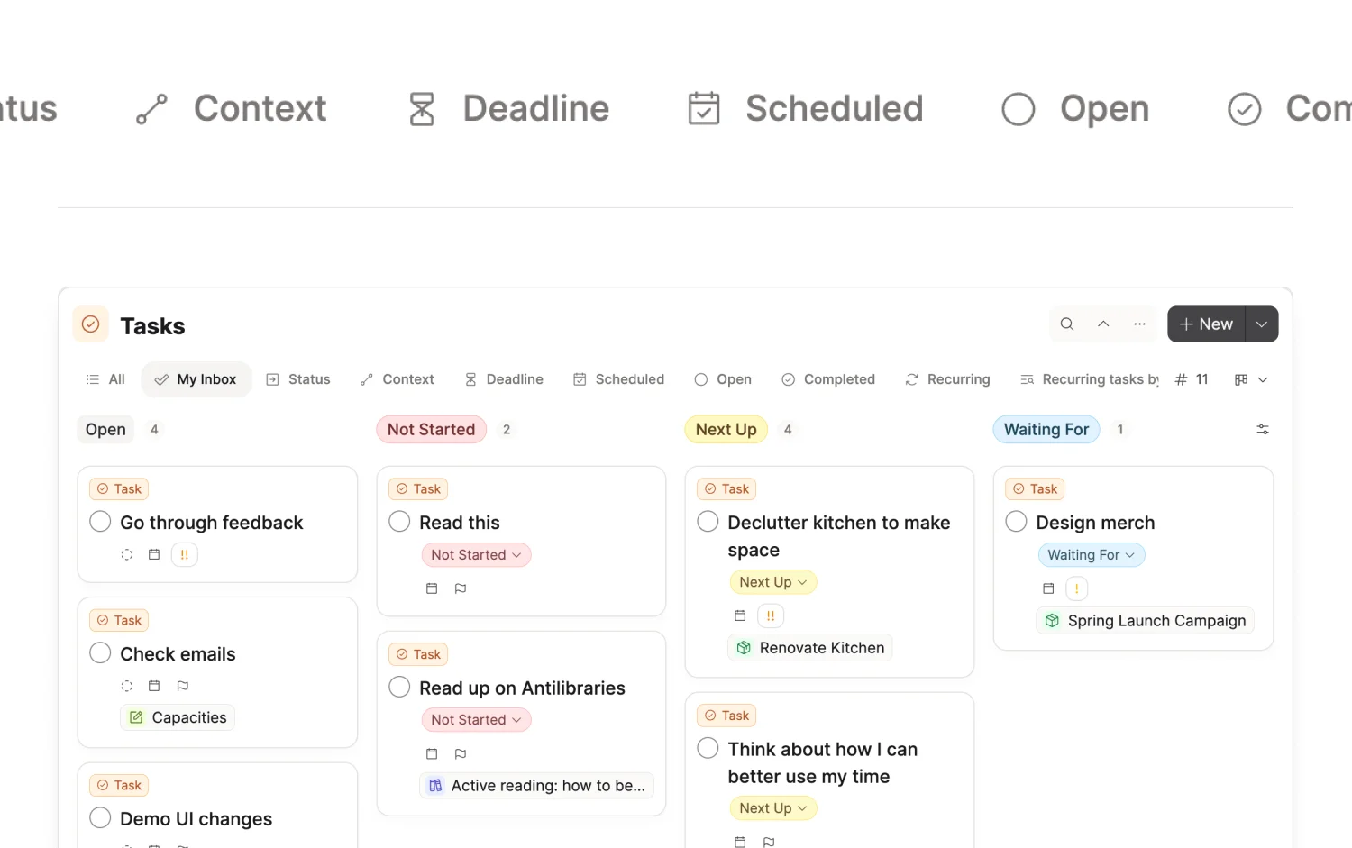 The Tasks dashboard with the Today view open, showing overdue, today, and in-progress tasks