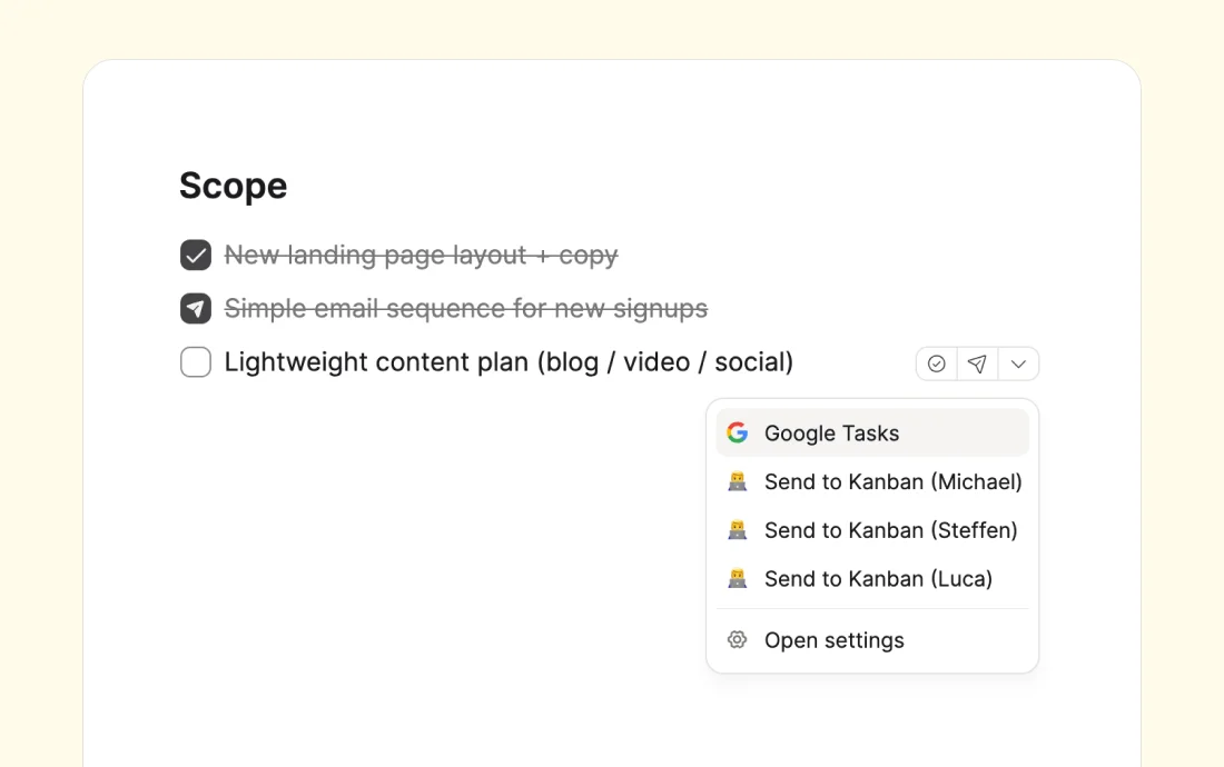 An open task with the Task Actions menu, showing options to send the task to Todoist, Things, TickTick, Apple Reminders, or Google Tasks
