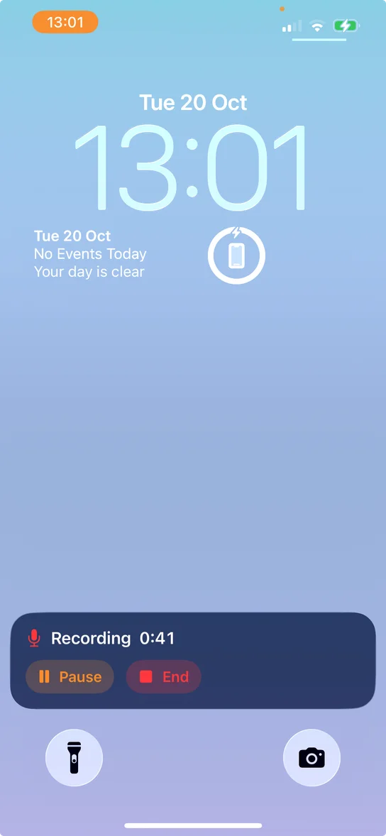 iPhone Lock Screen with a Capacities audio recording in progress at 0:36