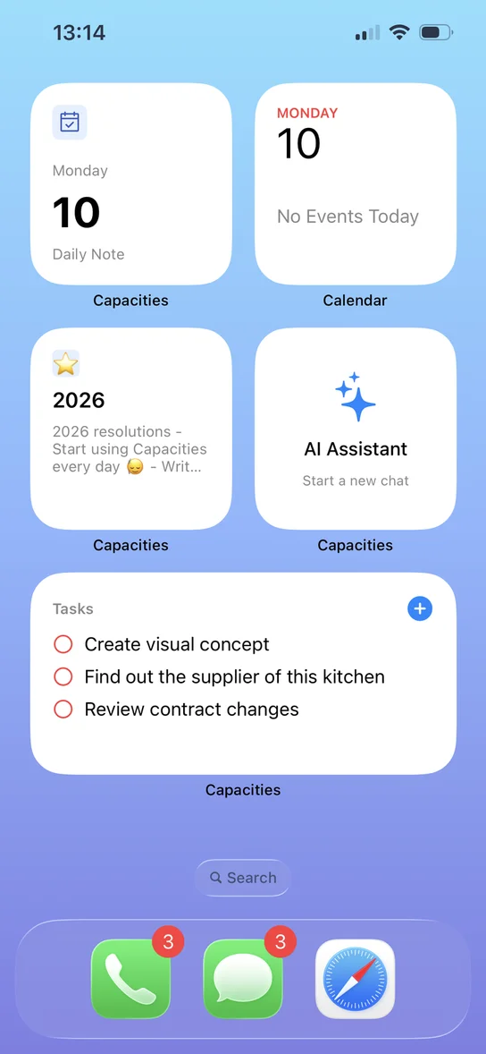 Capacities widgets on an iPhone Home Screen: today’s daily note, a pinned note, the AI assistant, and open tasks