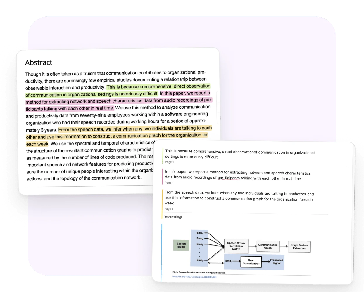 A PDF with colored highlights, and its page in Capacities where each highlight is a note