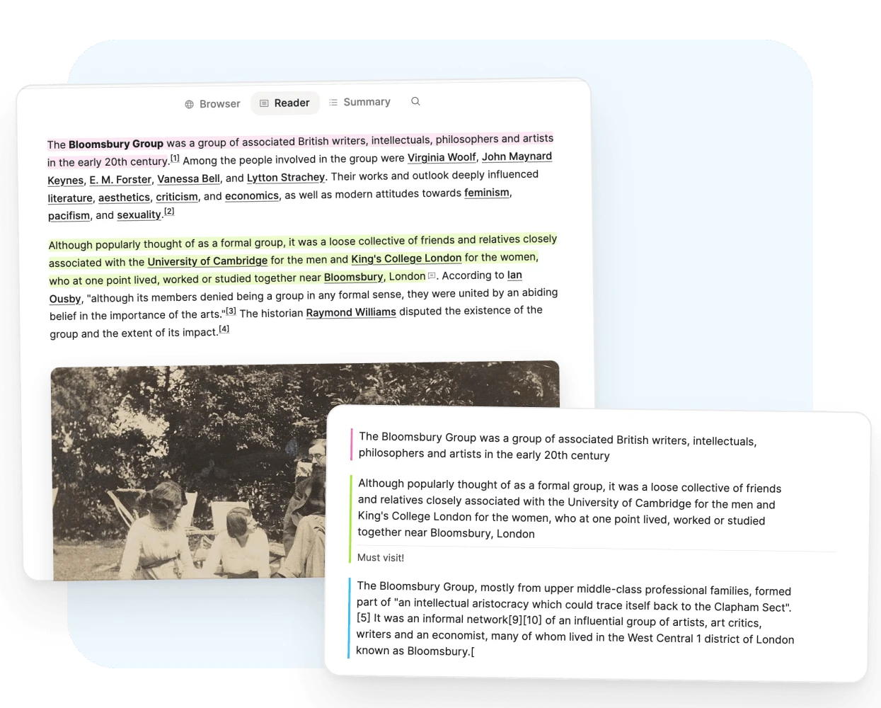 A saved article in reader view with highlights, and its weblink page with your notes