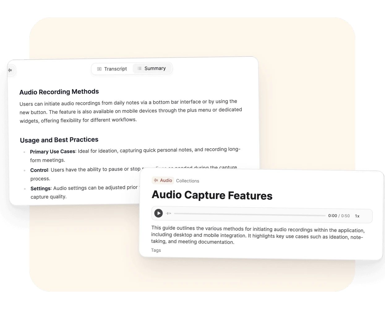 An audio summary, and the audio page with its player and description