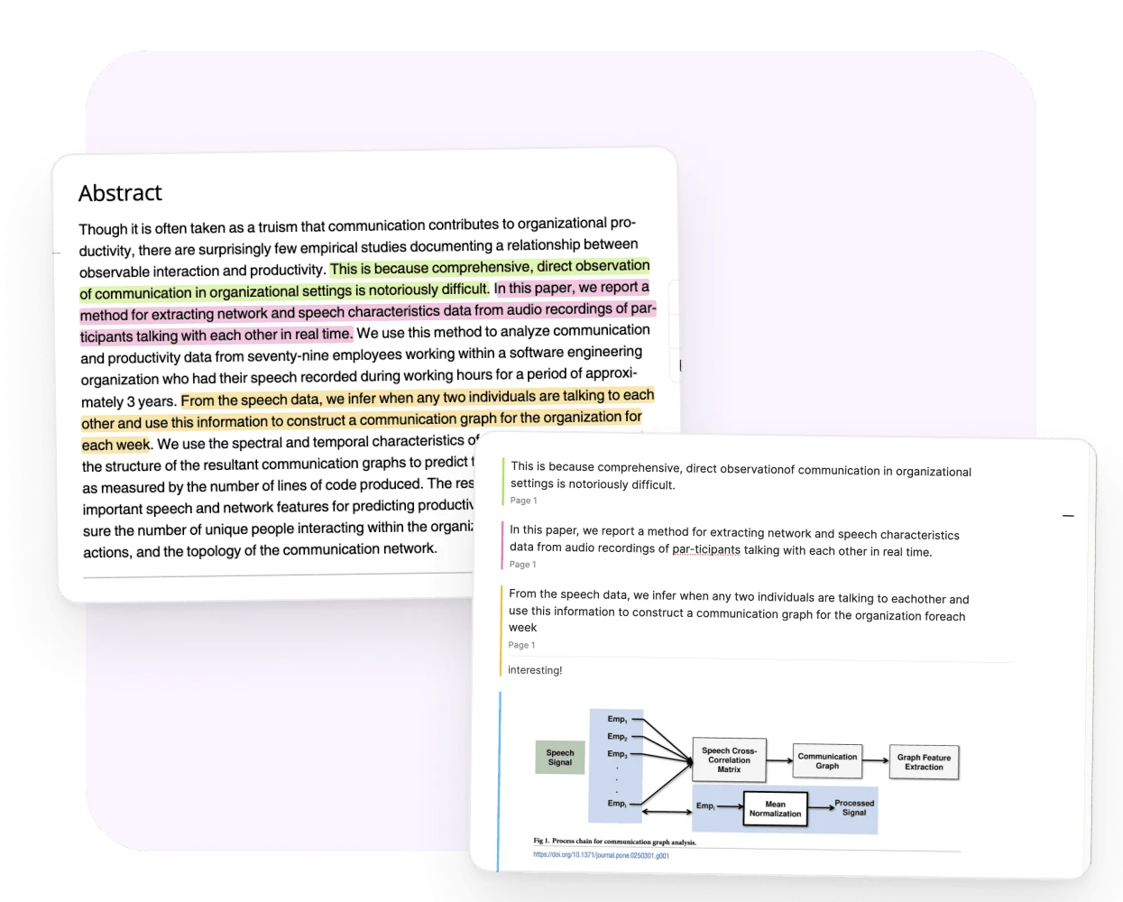A PDF with colored highlights, and its page in Capacities where each highlight is a note
