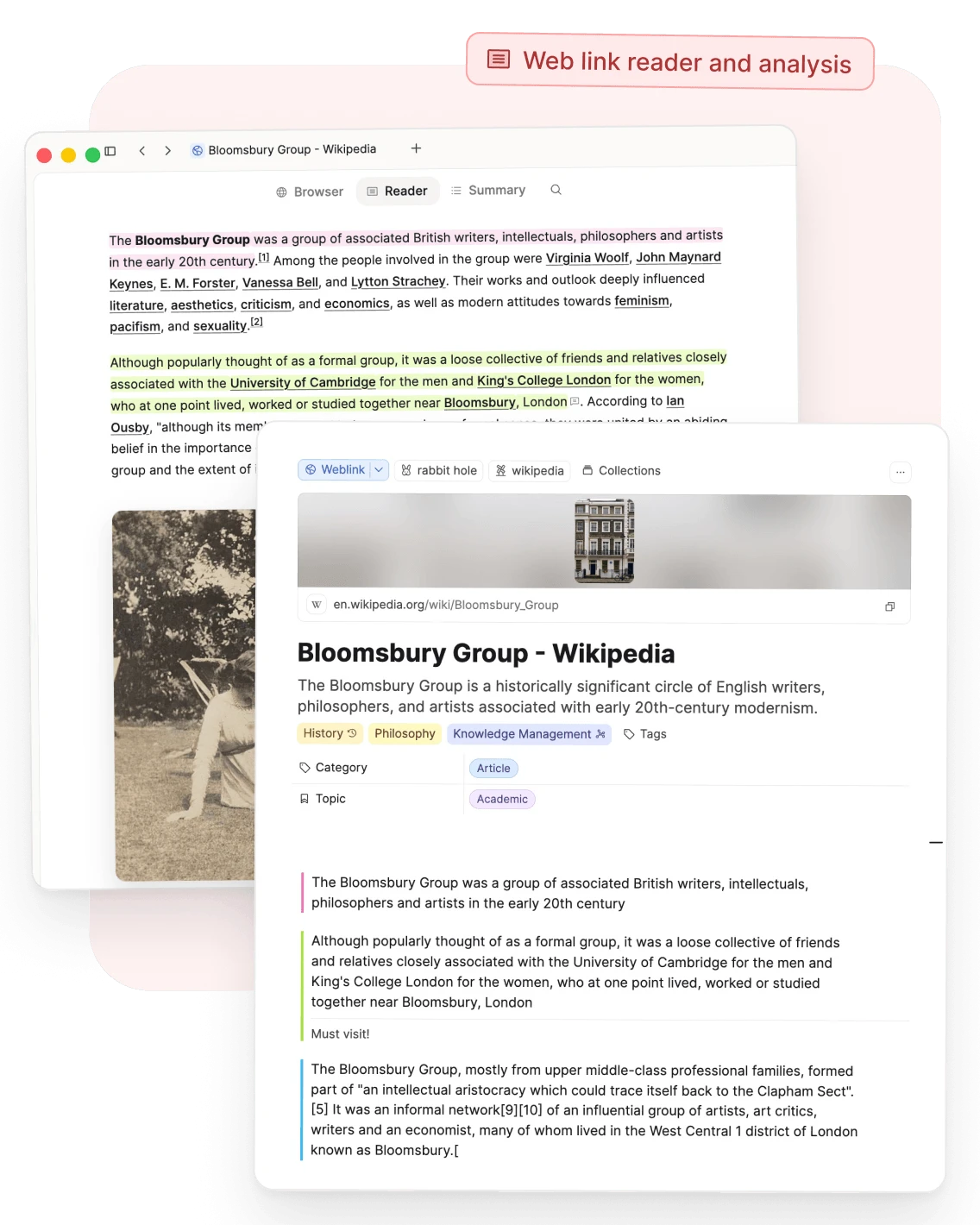A saved article in reader view with highlights, and its weblink page with your notes