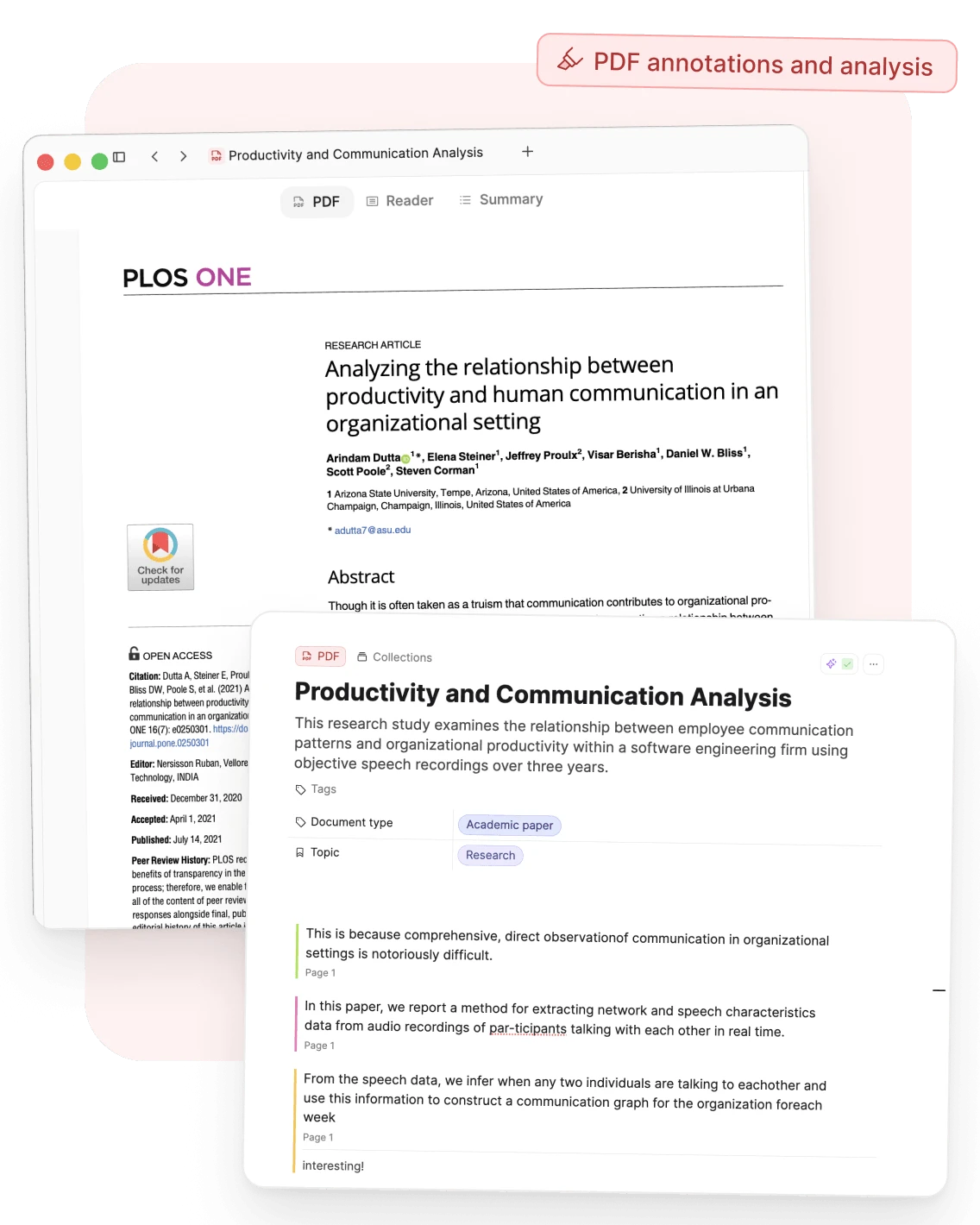 A PDF with colored highlights, and its page in Capacities where each highlight is a note