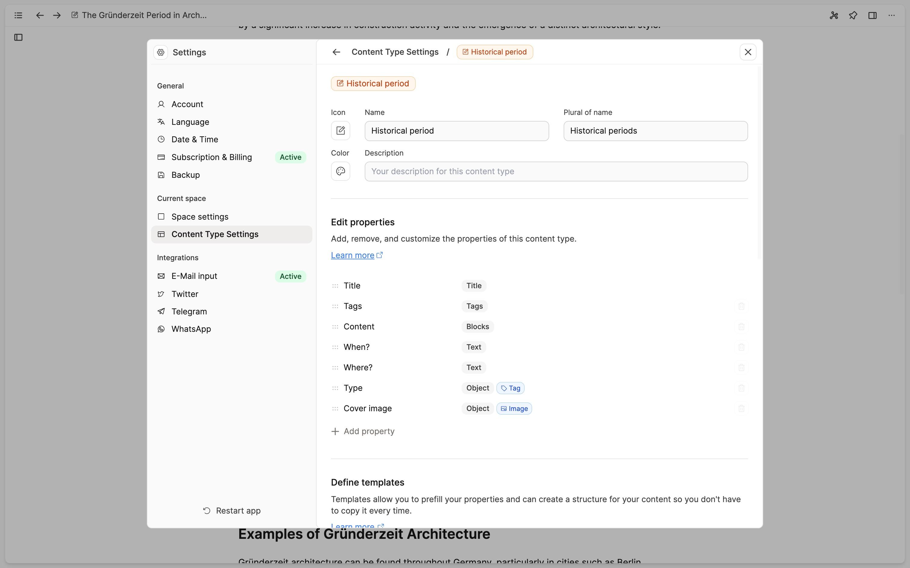 Screenshot of settings