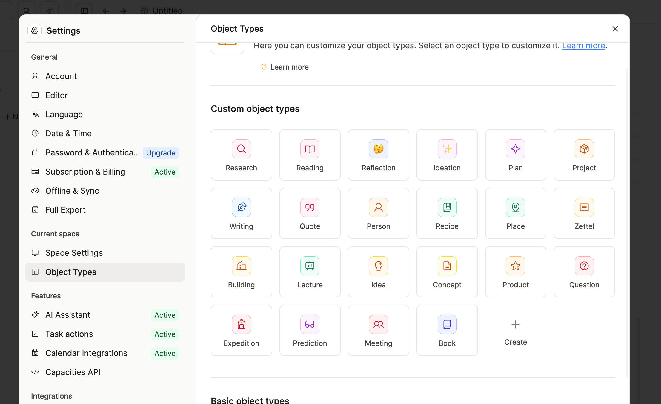 Object type settings
