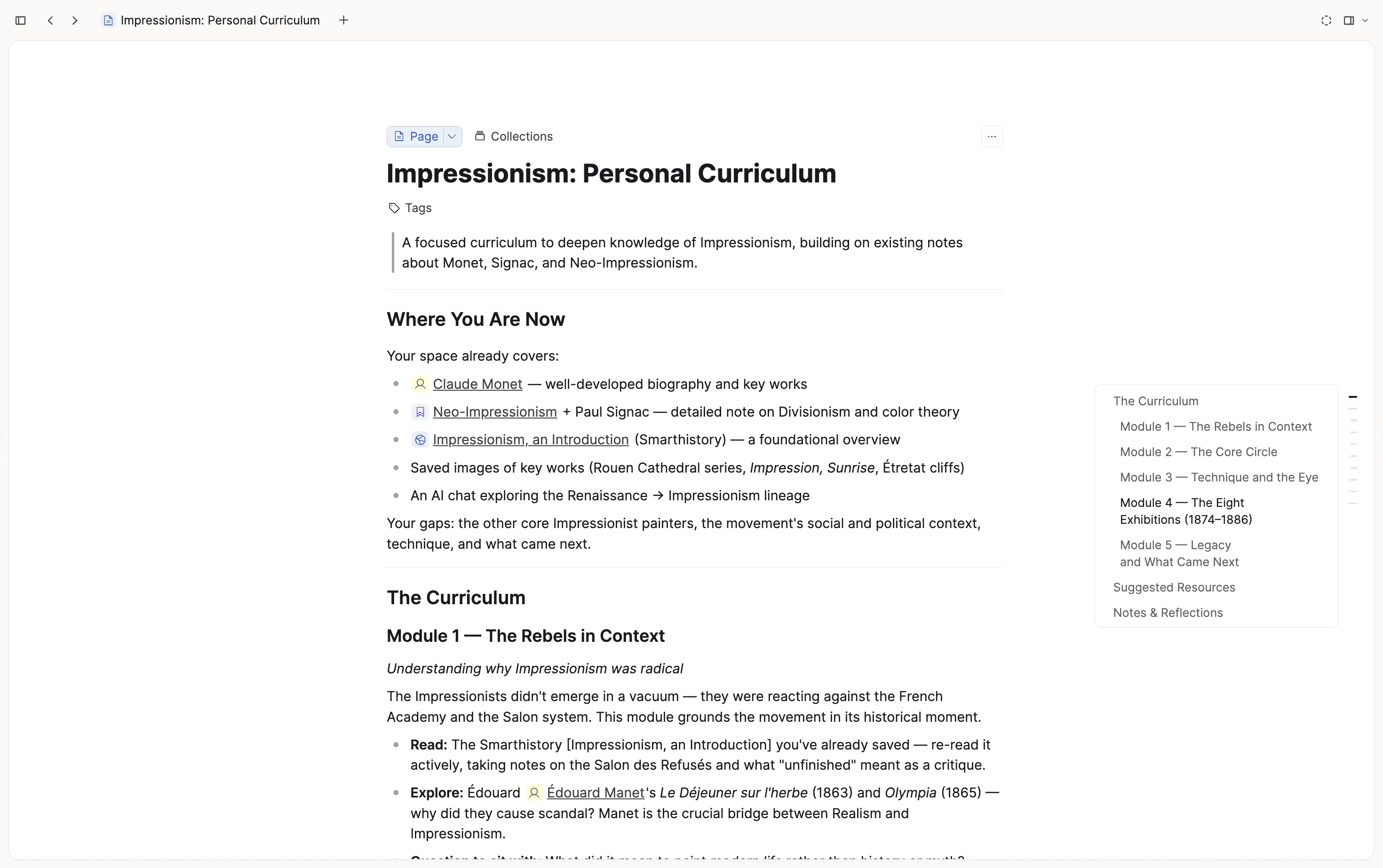 Impressionism curriculum page in Capacities