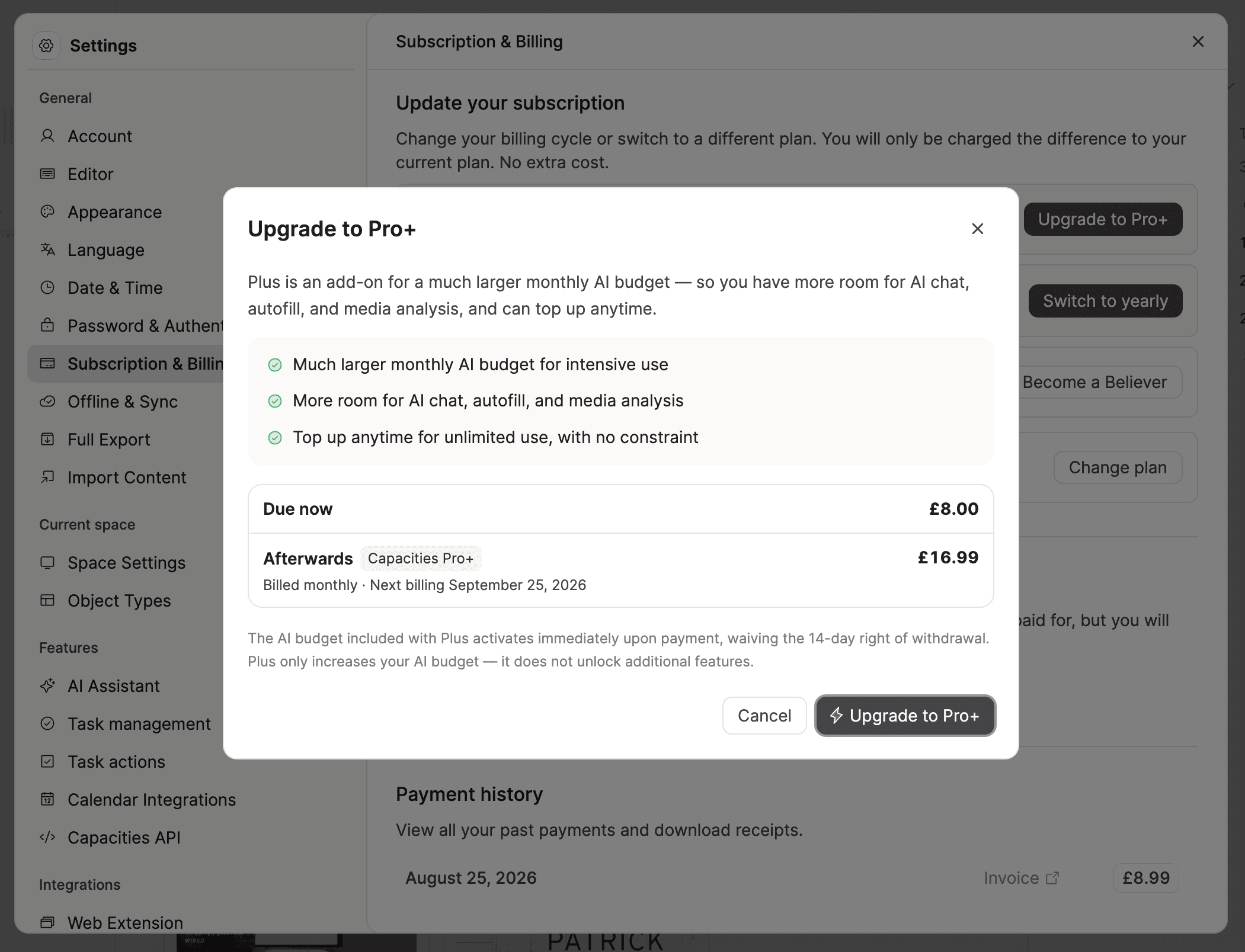The subscription settings screen showing the Plus add-on with the monthly AI budget and top-up options