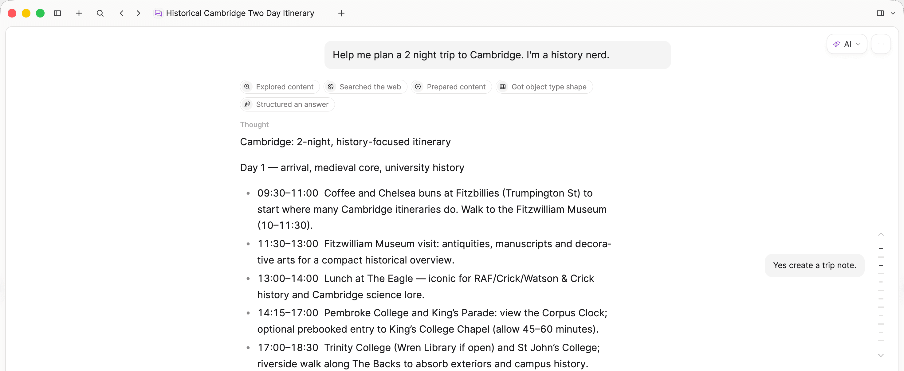 AI chat planning a trip with tool steps and a create-object suggestion