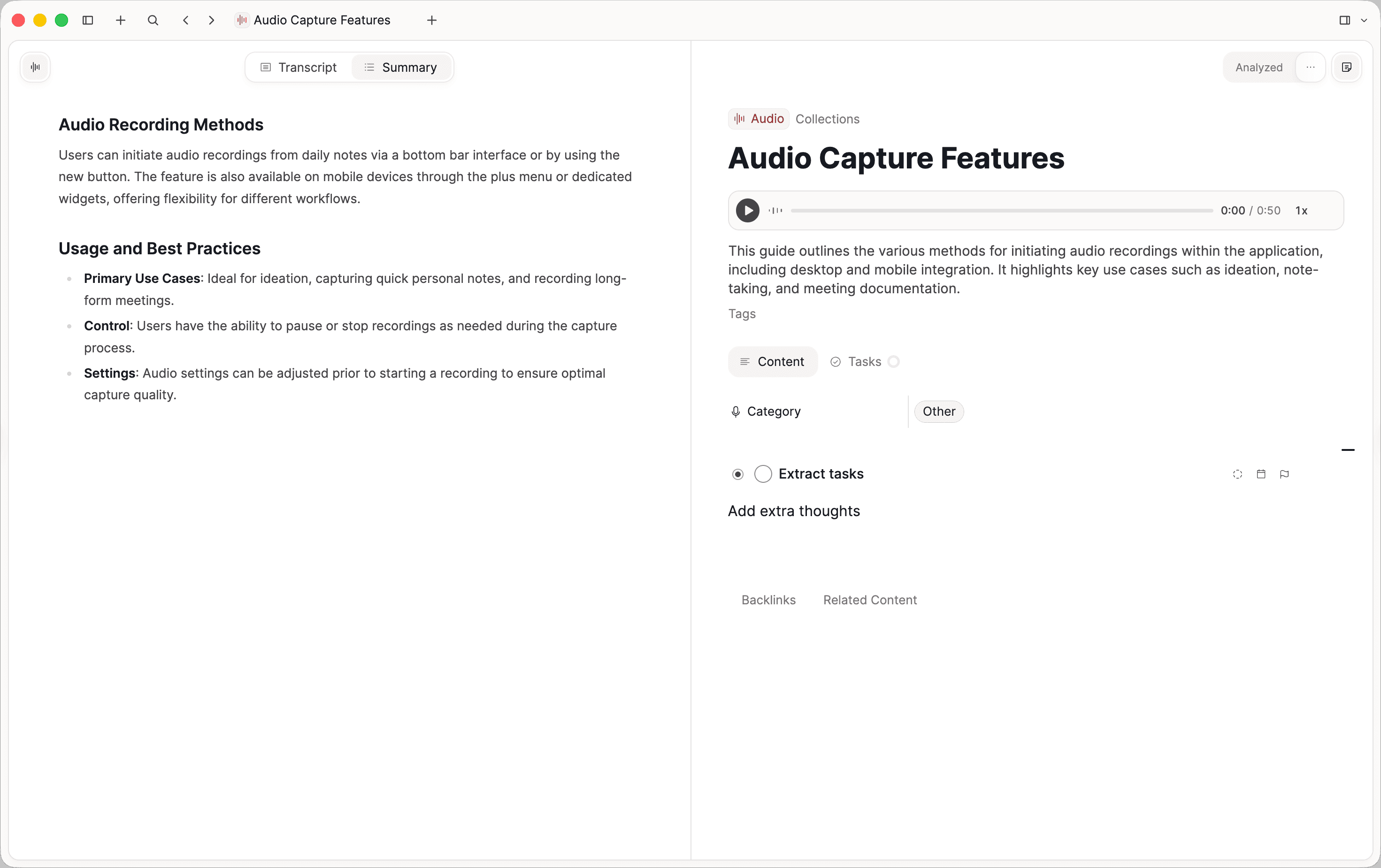 Audio object with summary side by side with the recording