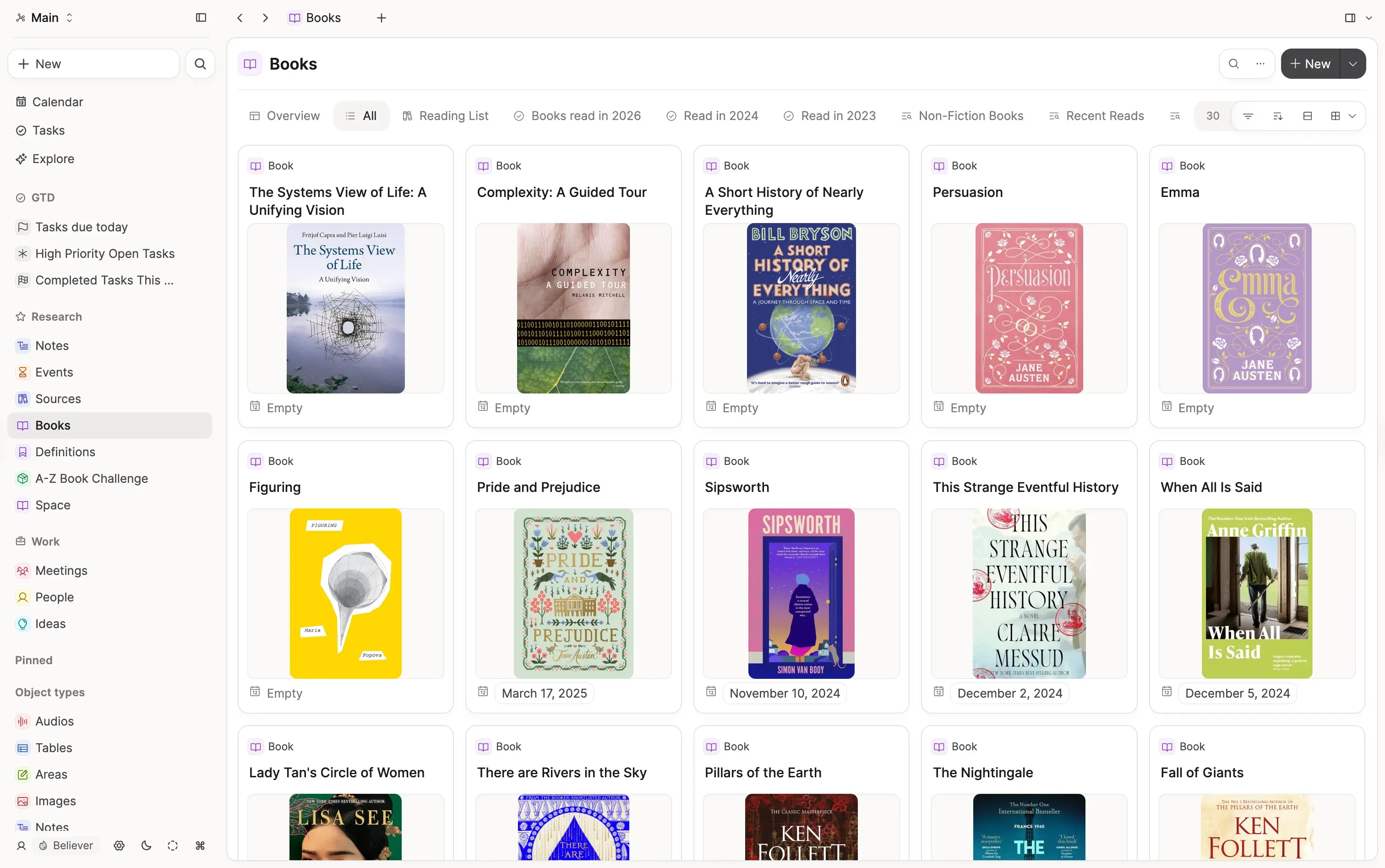 A Books type view showing book covers in a card grid