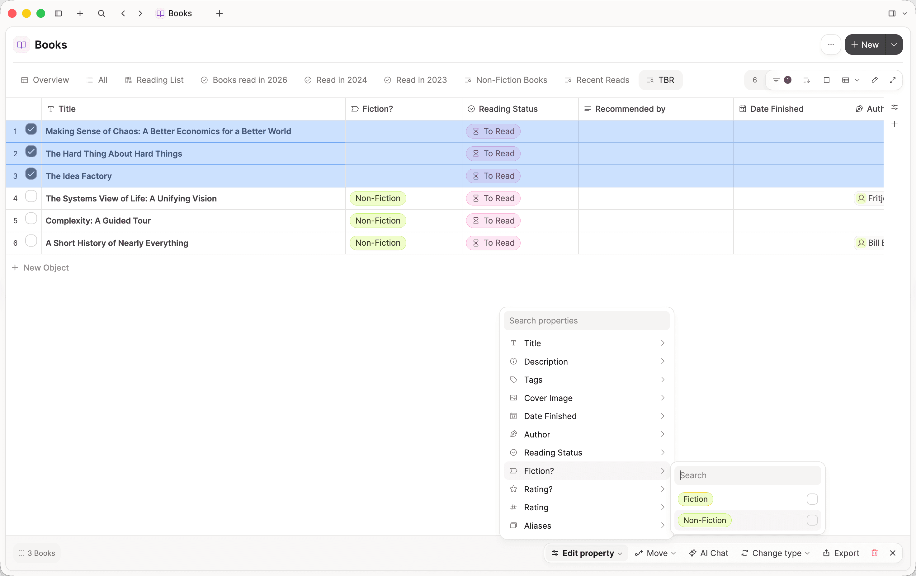 Selecting several books and editing a shared property at once