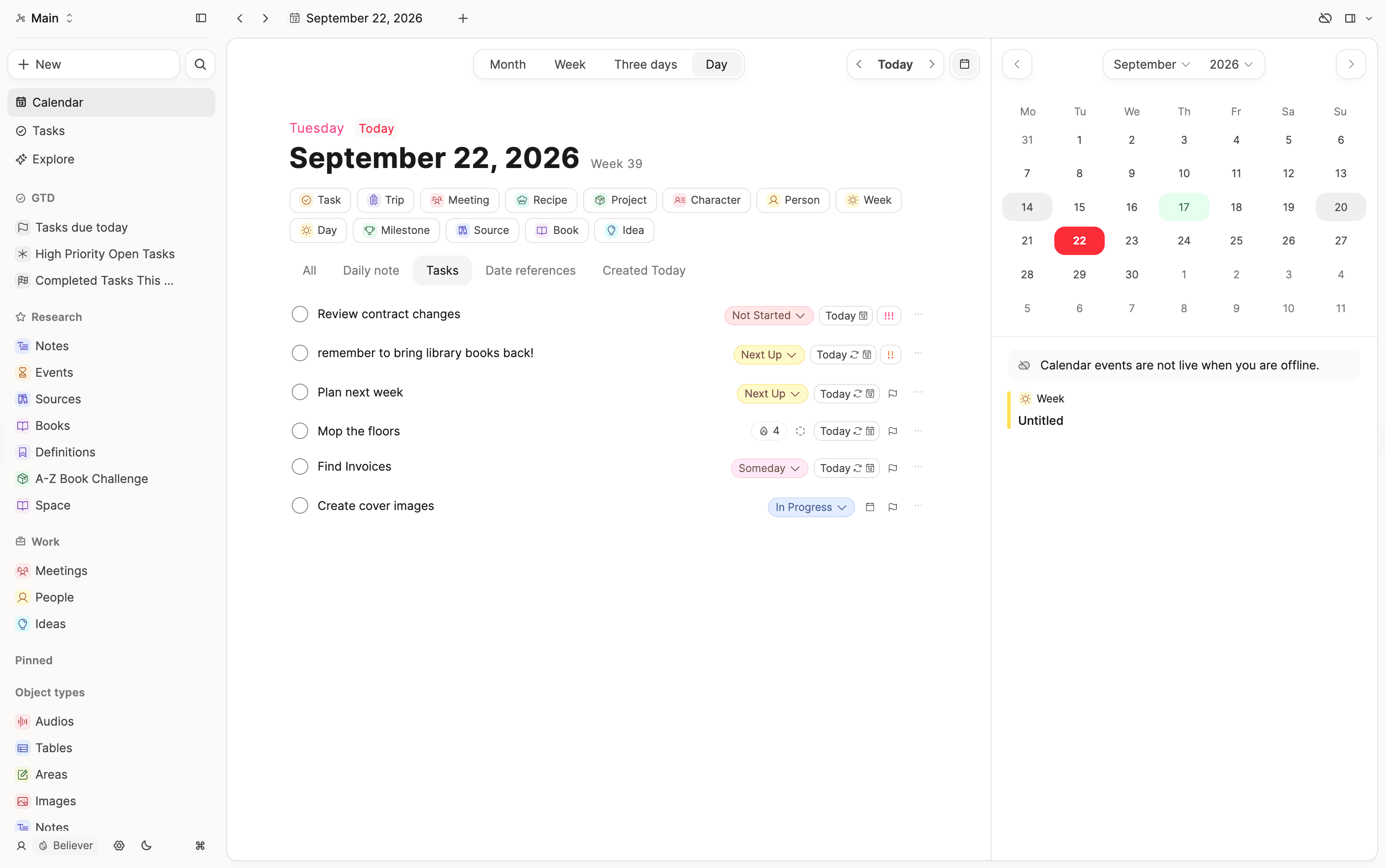 The calendar Daily view with tabs for each section and an All tab