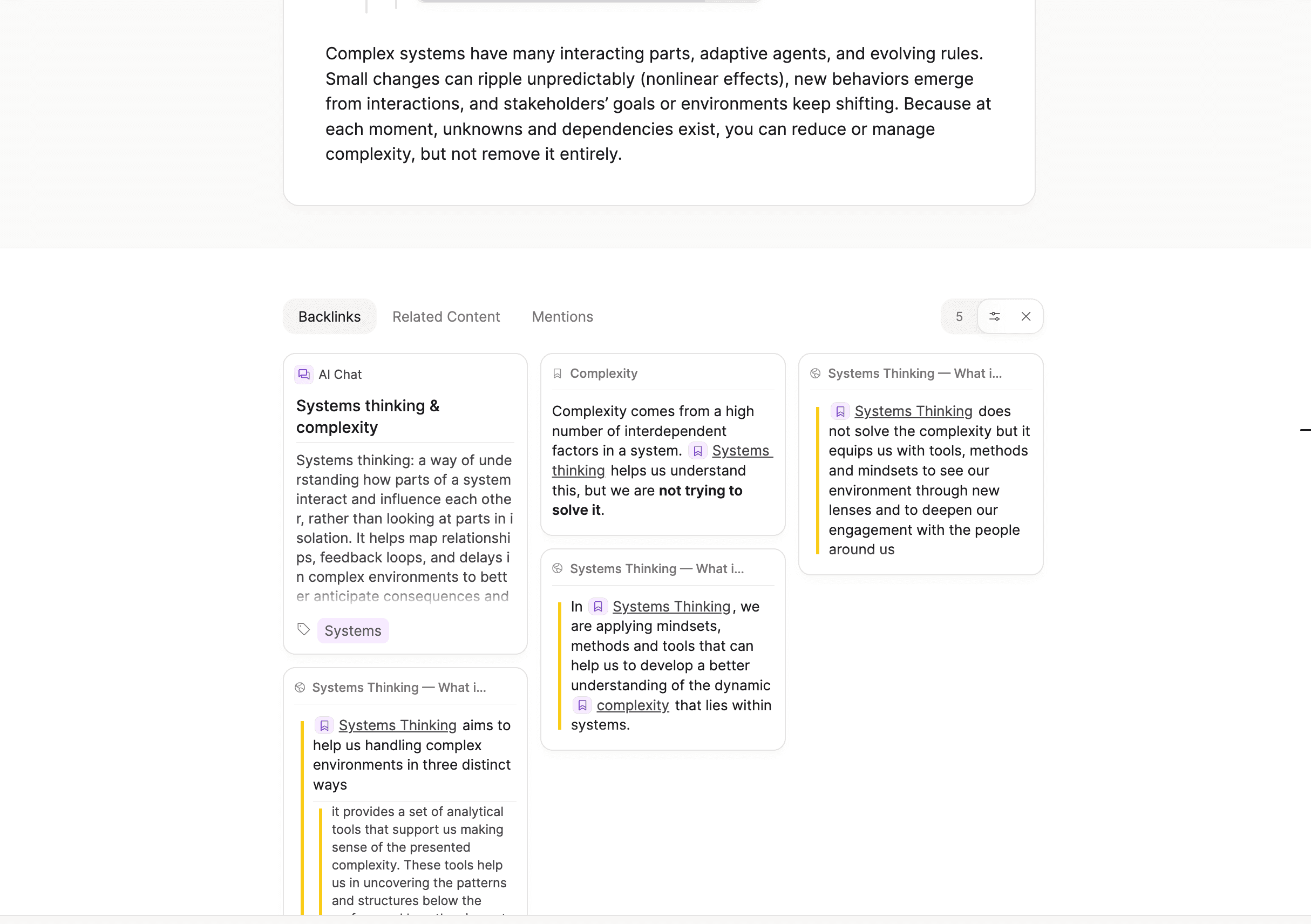 Backlinks, Related Content, and Mentions in tabs at the bottom of a page