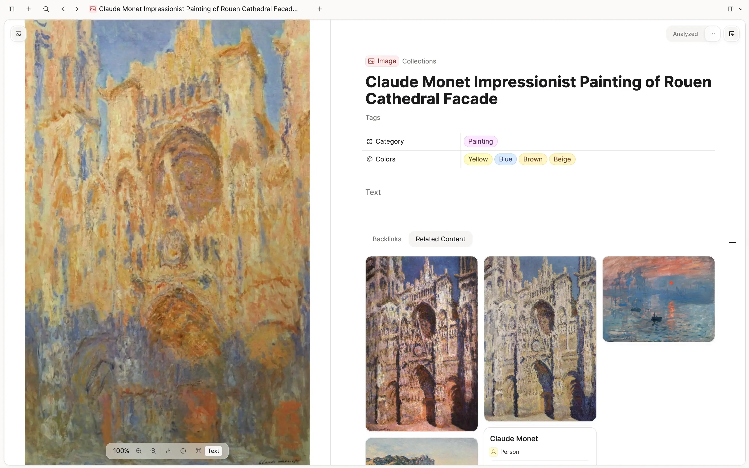 An image object open in a split pane next to its details and related content