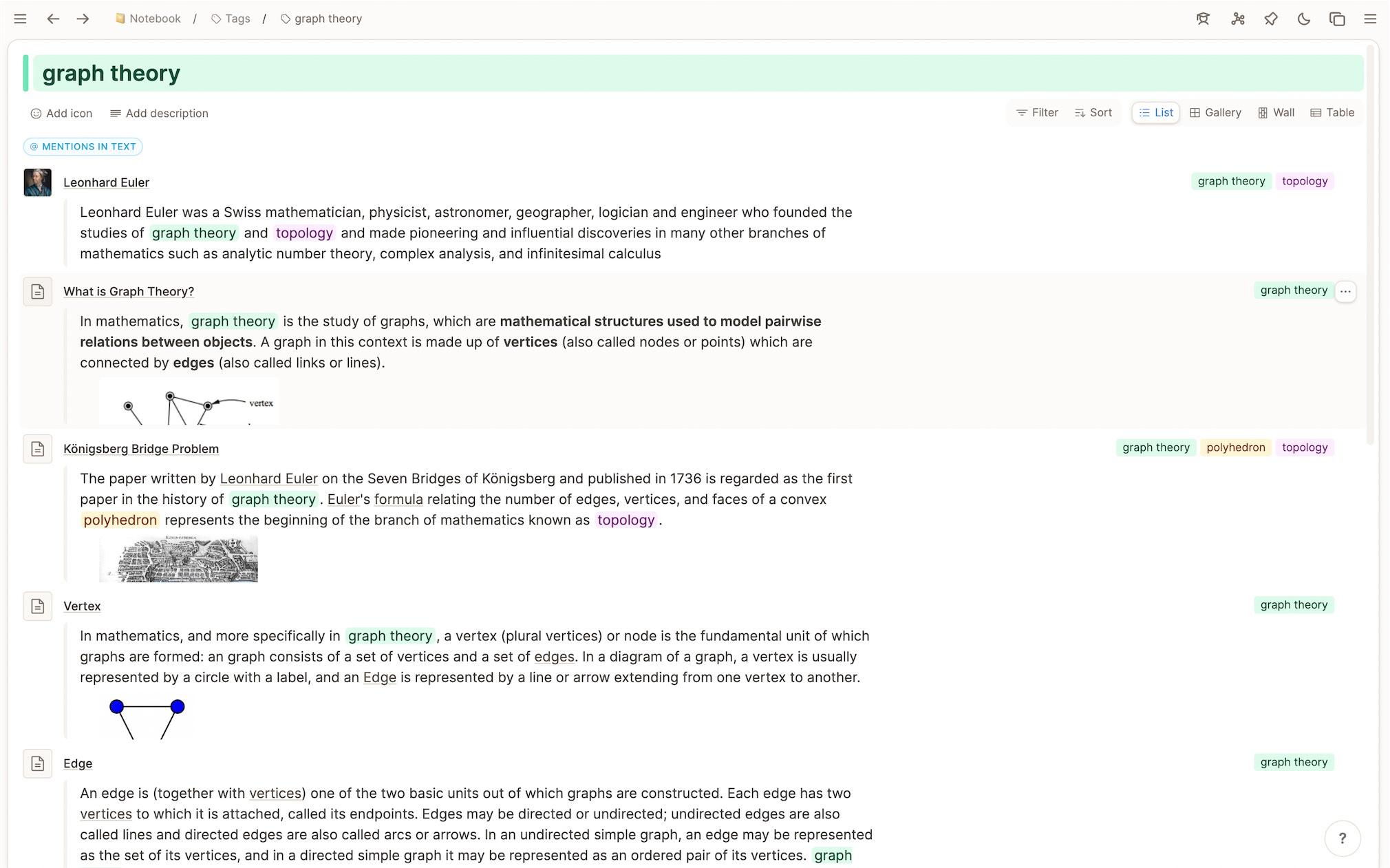 Backlink section of a tag