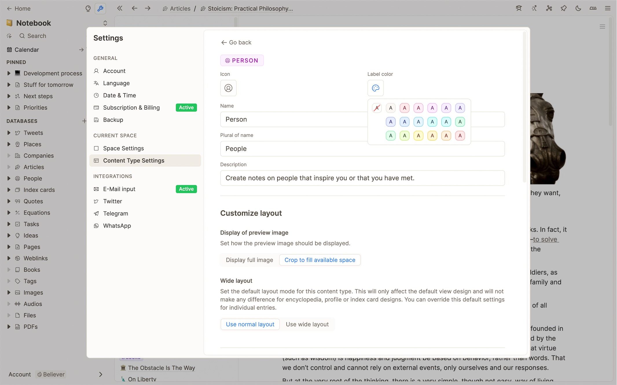 Object type settings
