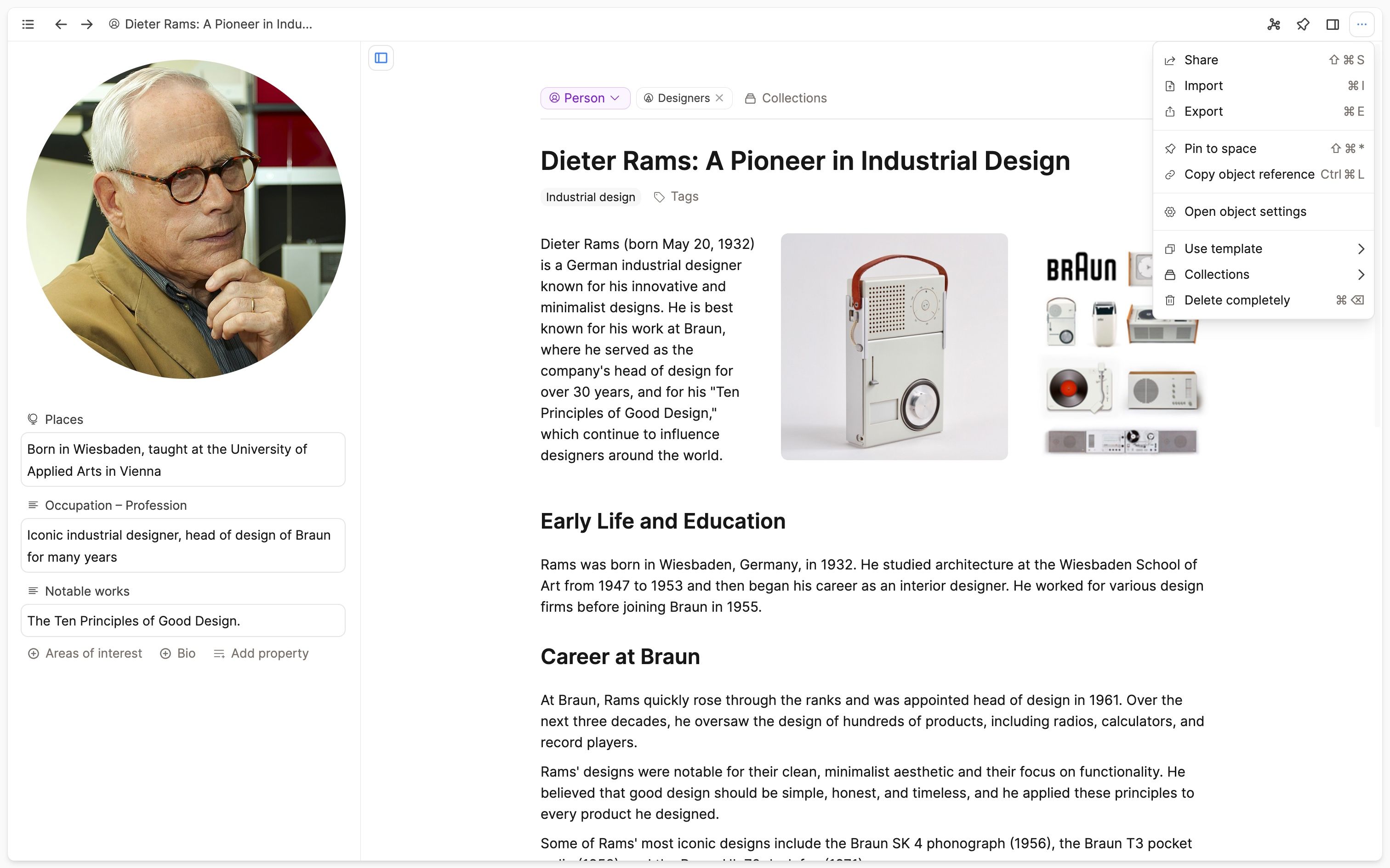 Screenshot of three dots menu of main content
