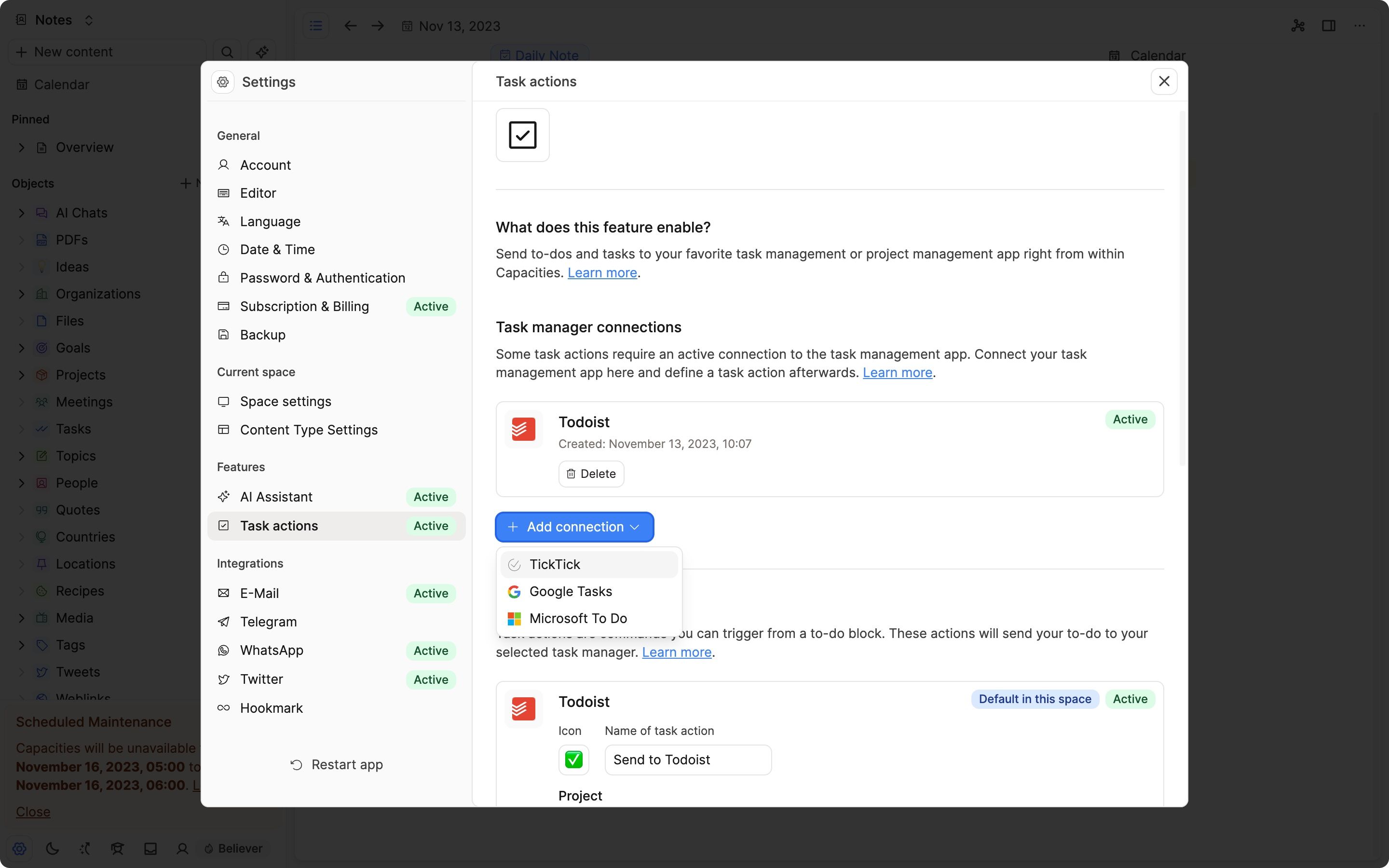 Configure task action connections