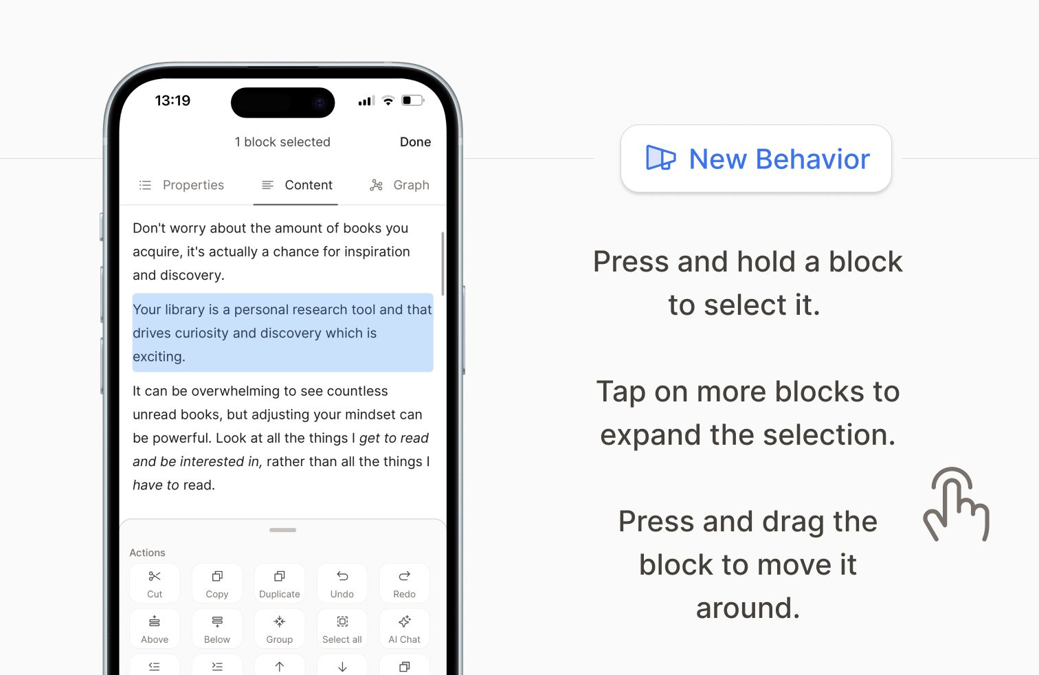Mobile block selection and moving blocks