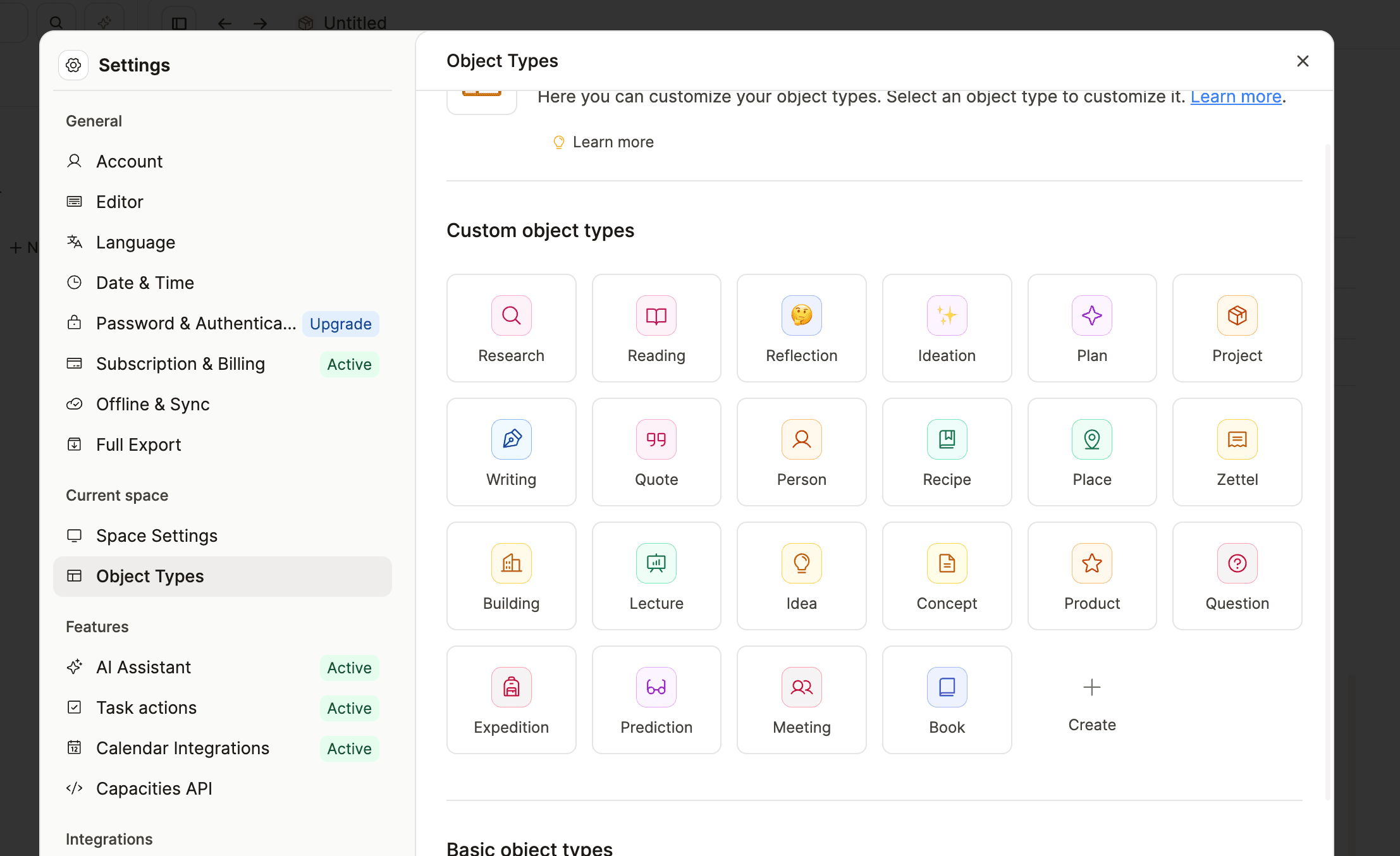 Object type settings