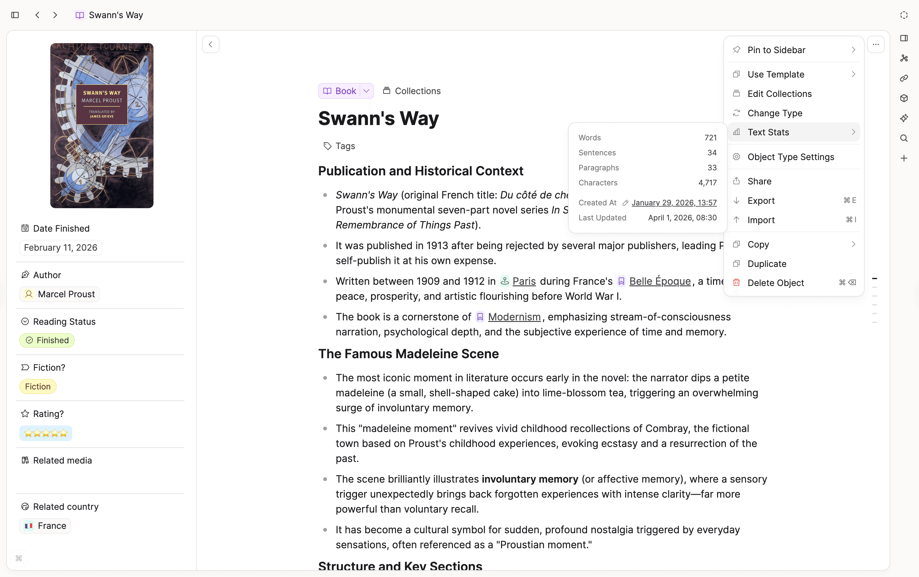 Text stats and created at info in the object menu
