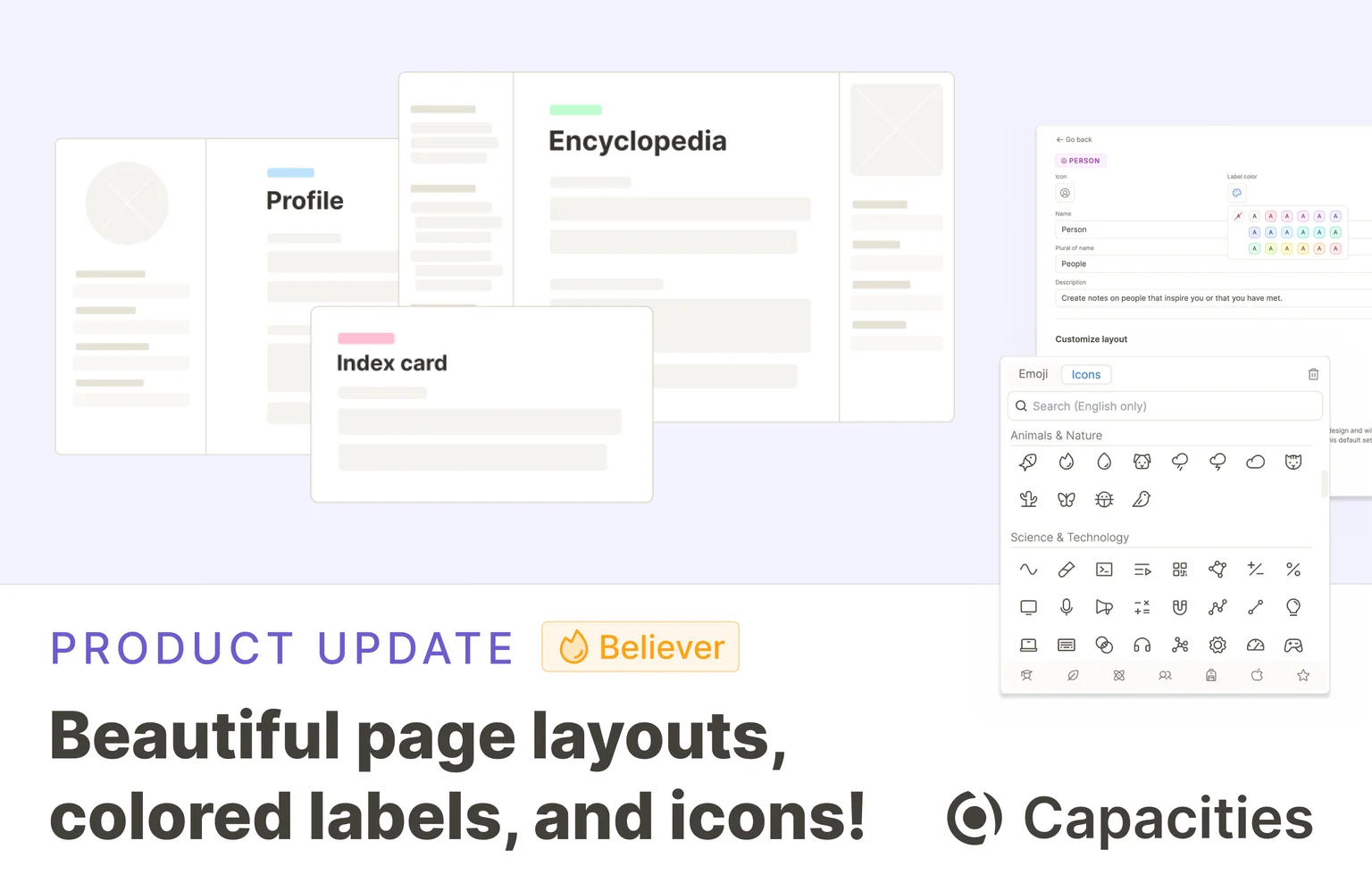 Beautiful page layouts, colored labels, and icons!