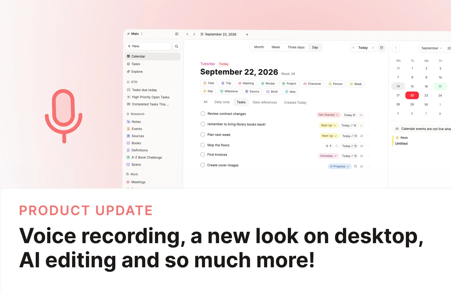Audio recording and transcription, a calmer desktop, bulk property editing, and smarter AI chats