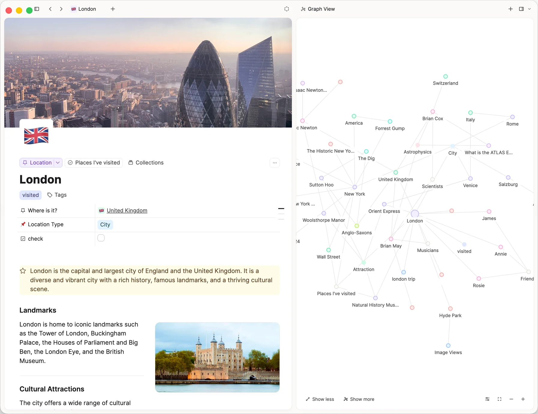 London page open beside graph view showing connected places, people, and trips