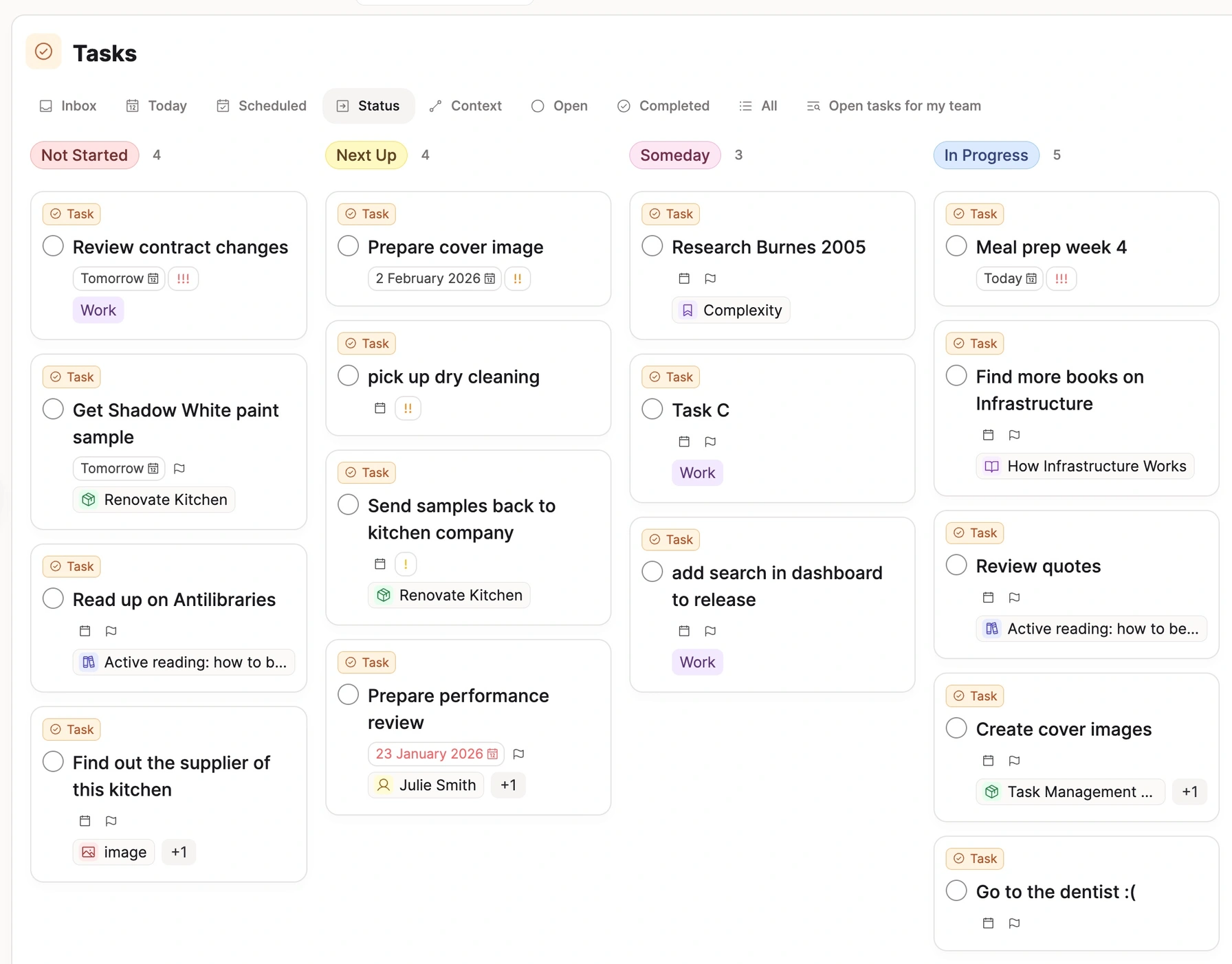 Task dashboard with Kanban view and linked project context