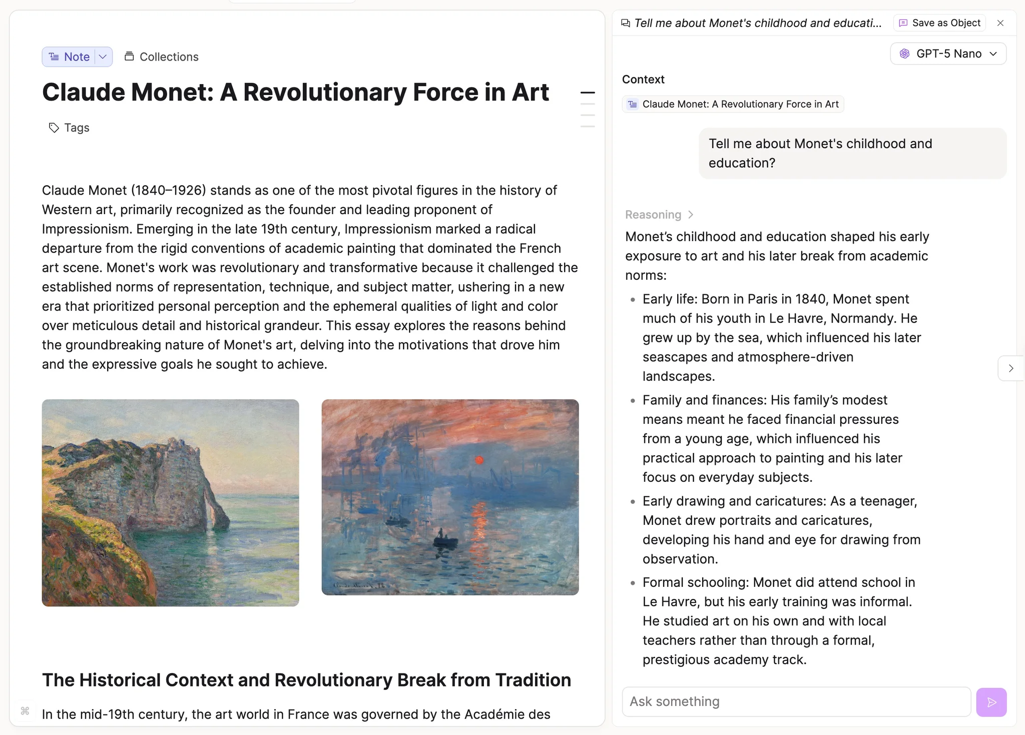 AI chat panel with contextual response about user's notes