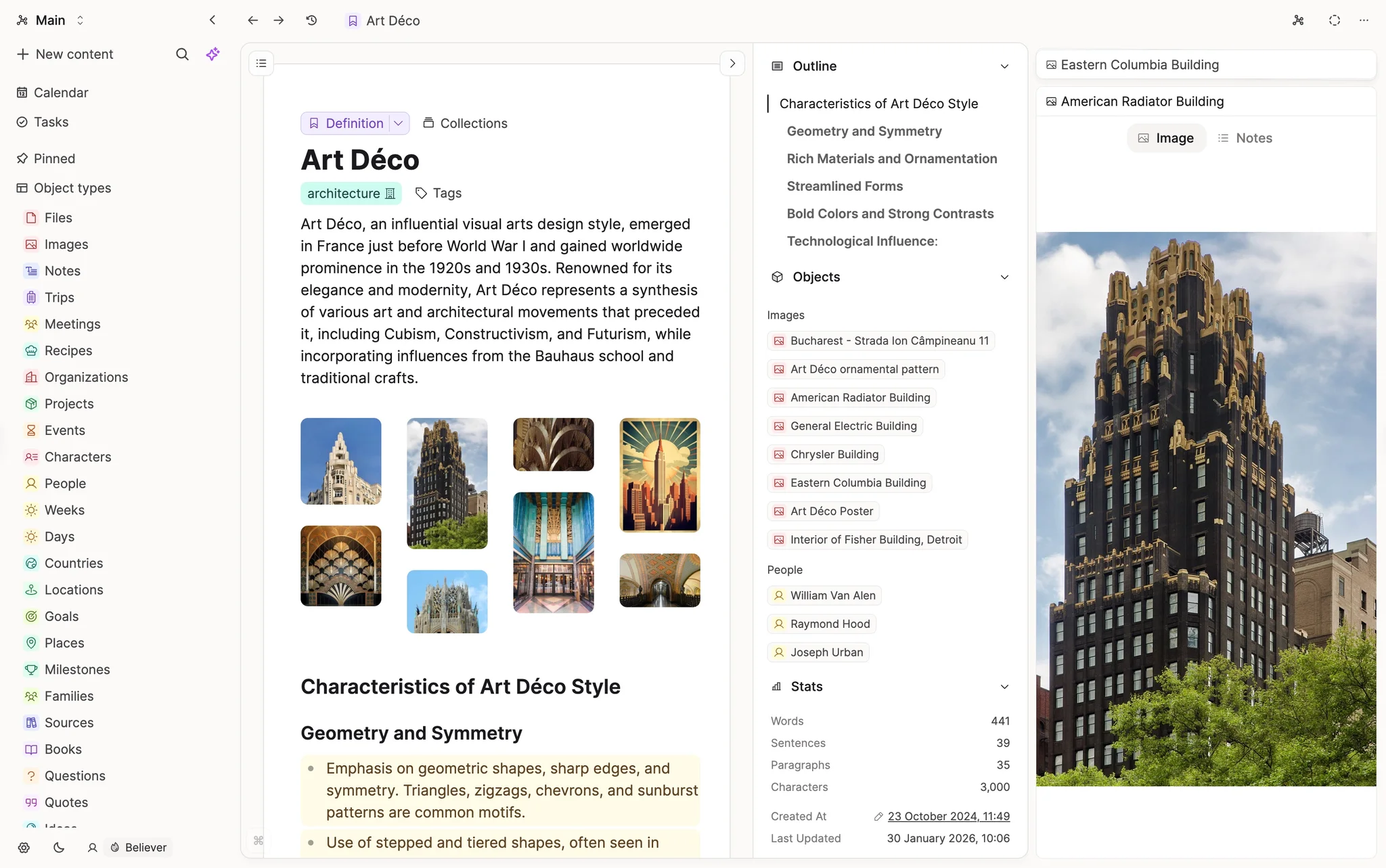 App overview showing object types in sidebar and workspace