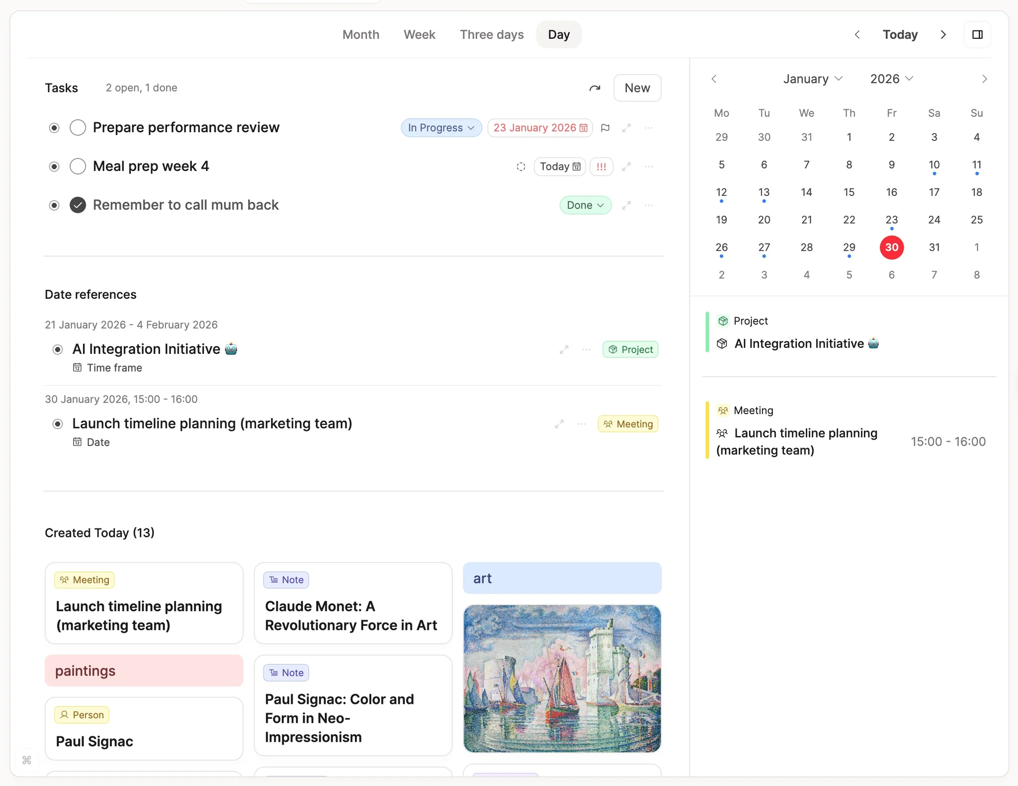 Calendar view with meeting notes linked