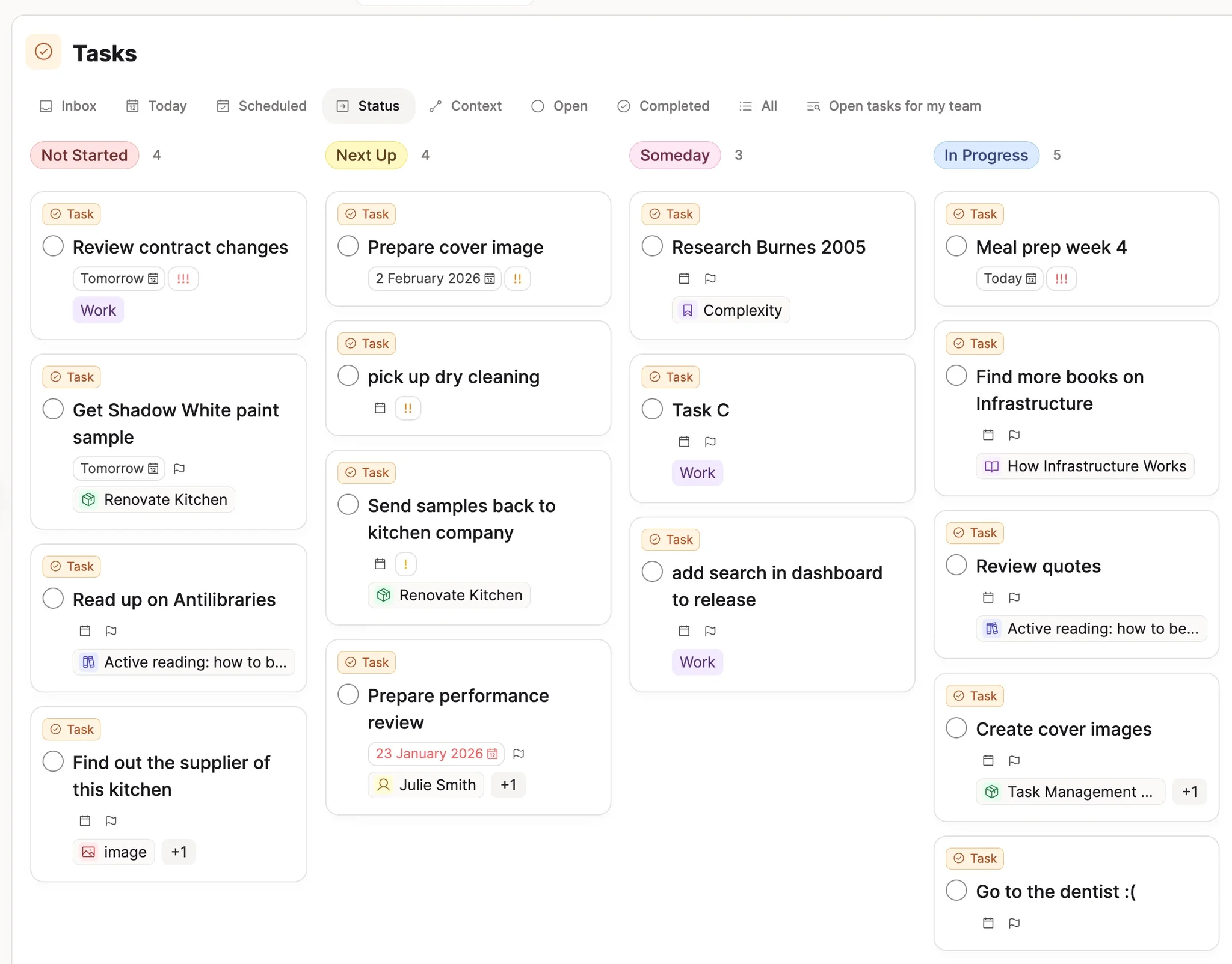 Task dashboard with Kanban view and linked project context